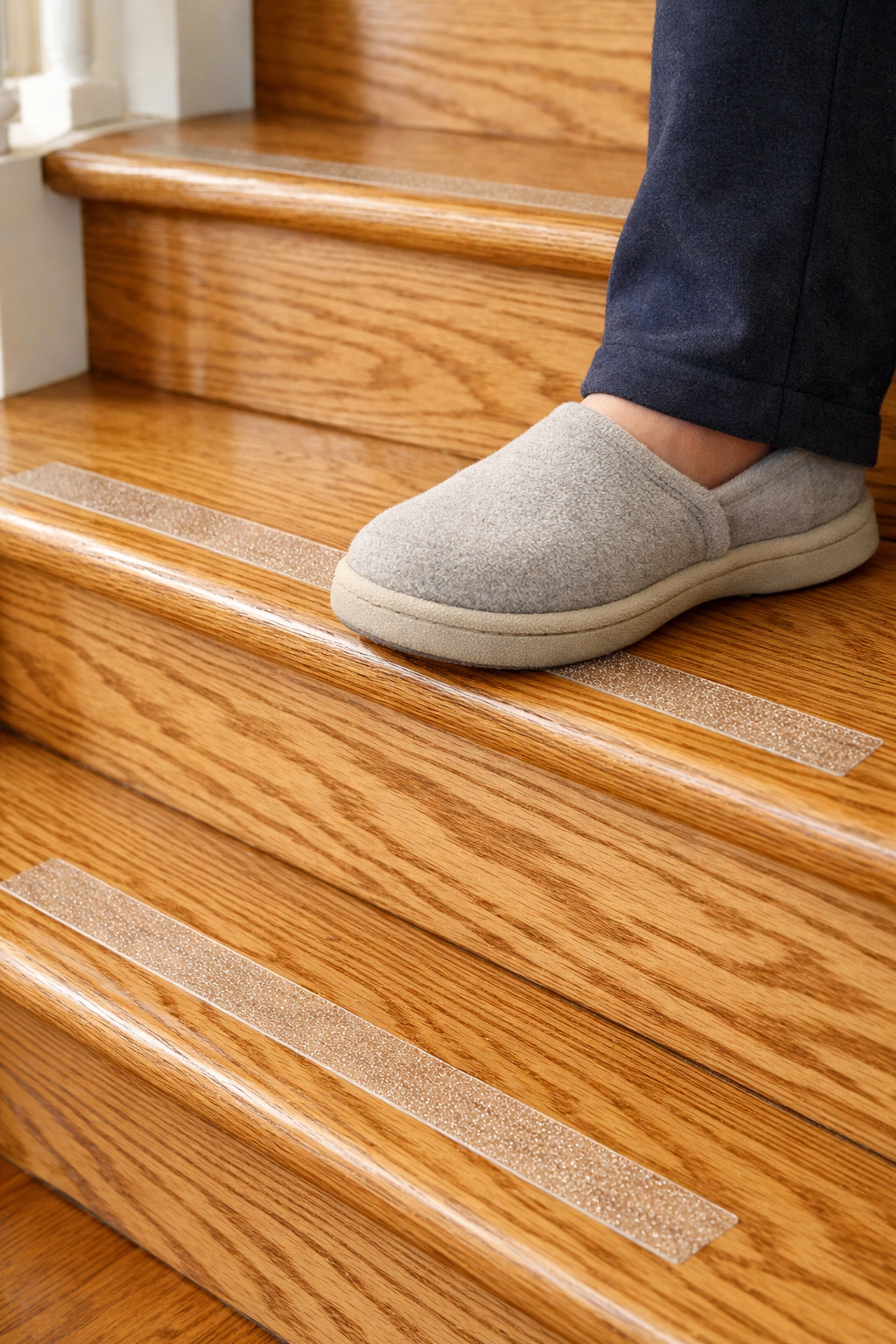 Close-up of oak stair treads with transparent anti-slip adhesive strips to prevent falls.