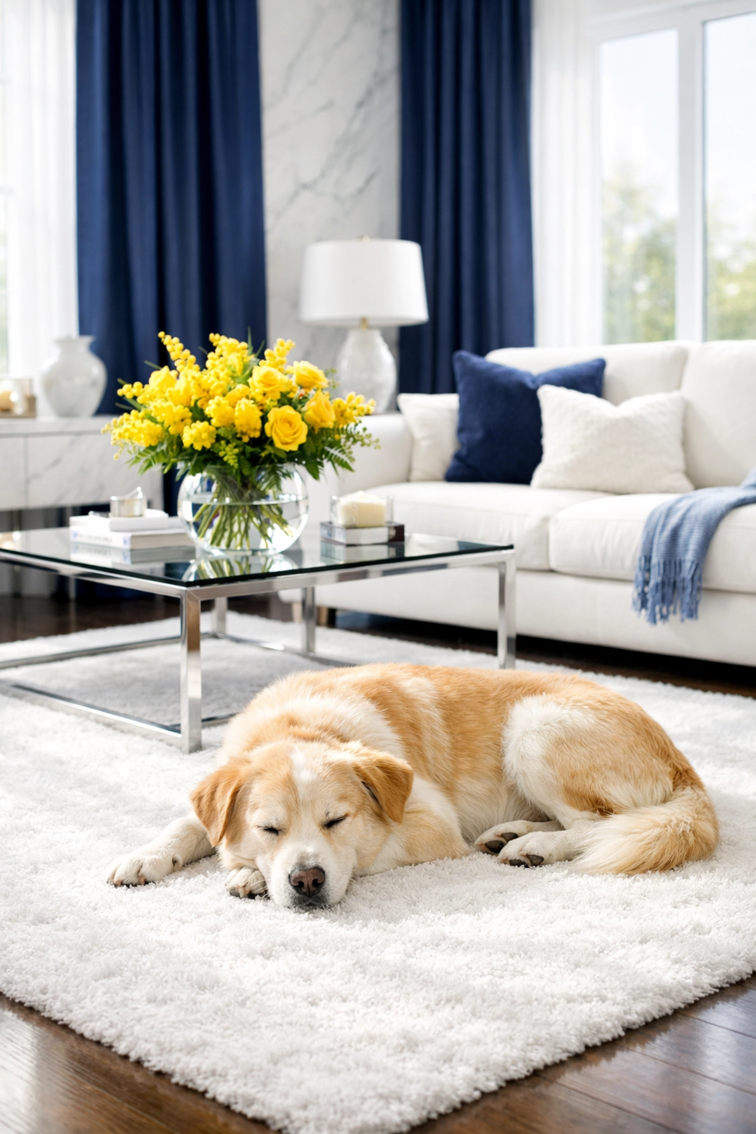 A happy dog resting on a clean, hair-free white rug in a sunlit modern living room sanctuary.