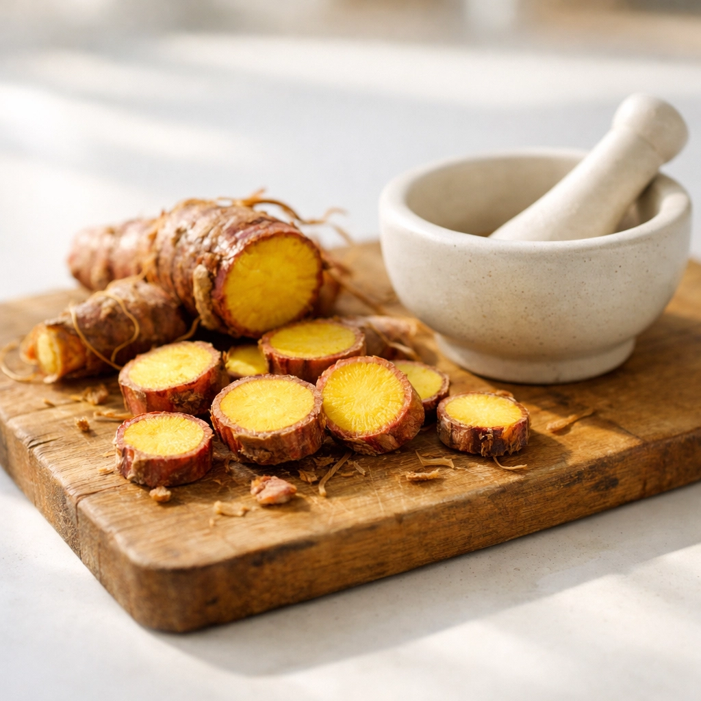 Fresh rhodiola root cut on cutting board with mortar and pestle for herbal supplement preparation