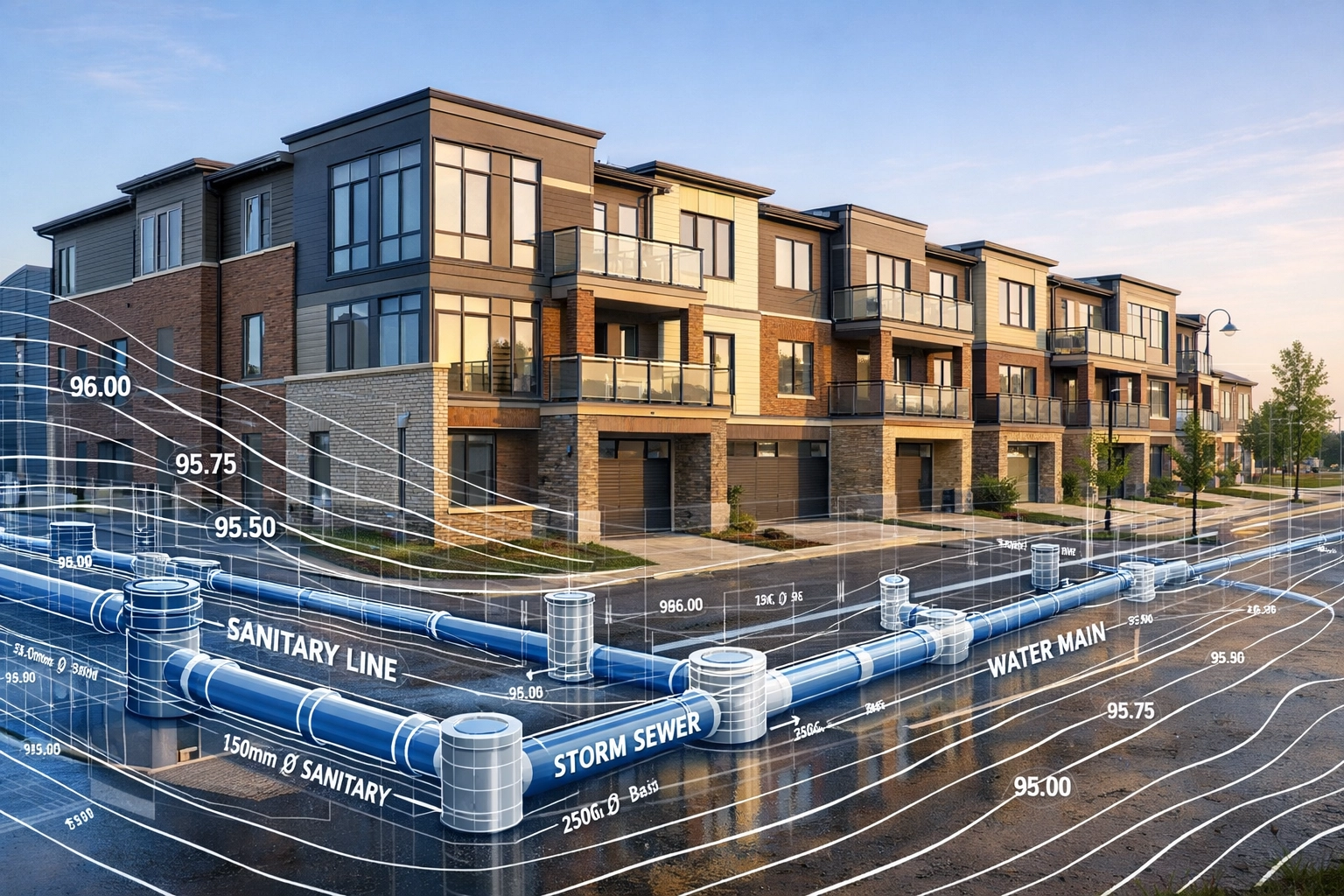 Engineering site servicing and grading plan overlays for an Ontario townhome development.