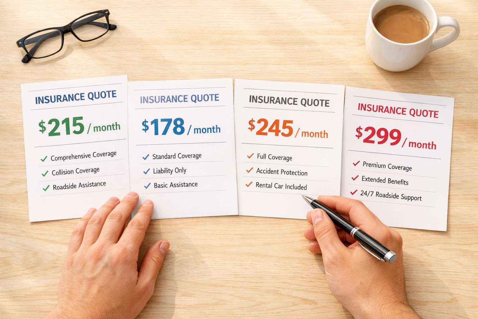 Comparing multiple car insurance quotes Pennsylvania with varying prices on comparison sheets