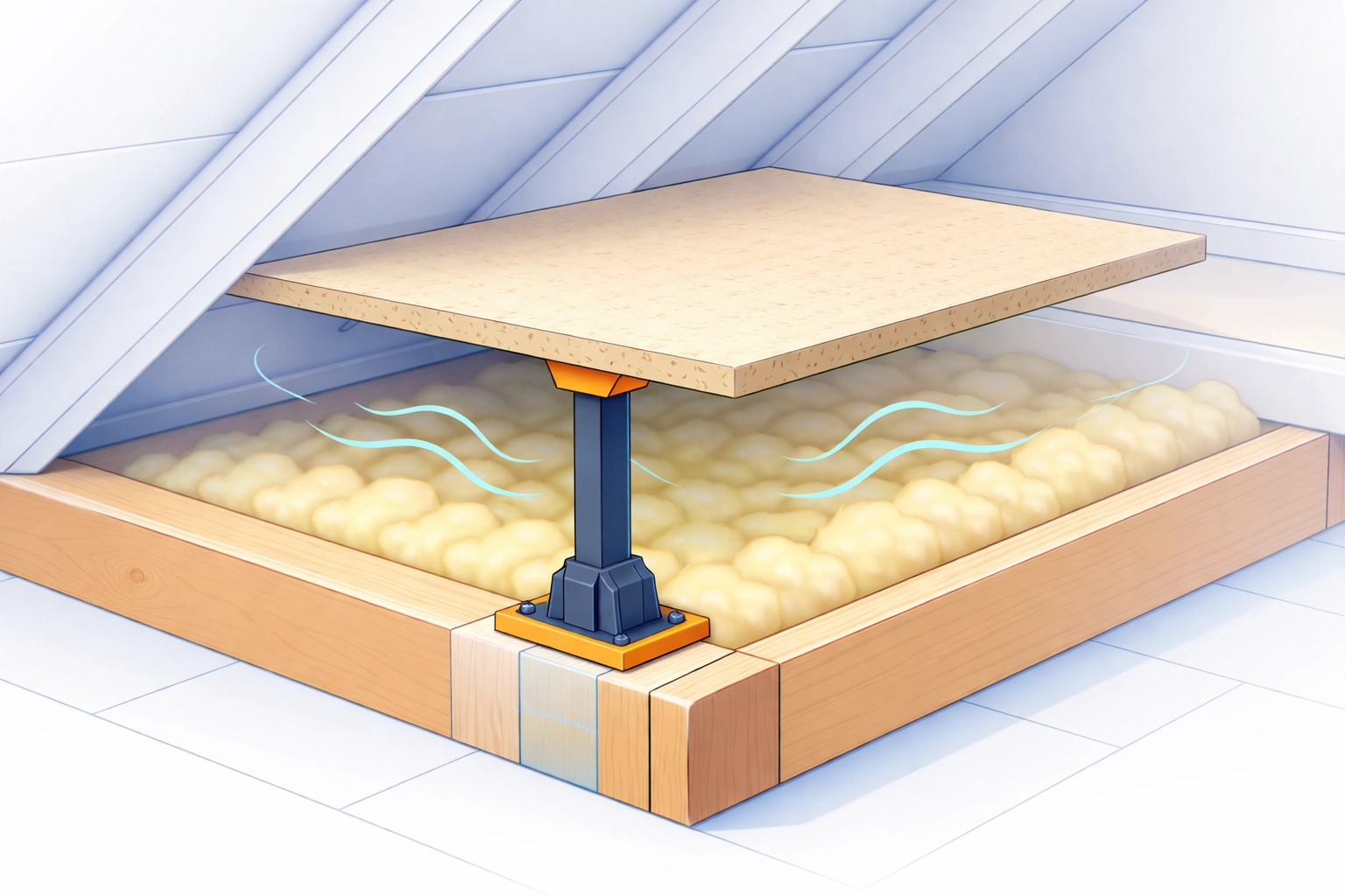 Diagram of a raised loft leg storage system protecting 270mm insulation and allowing airflow