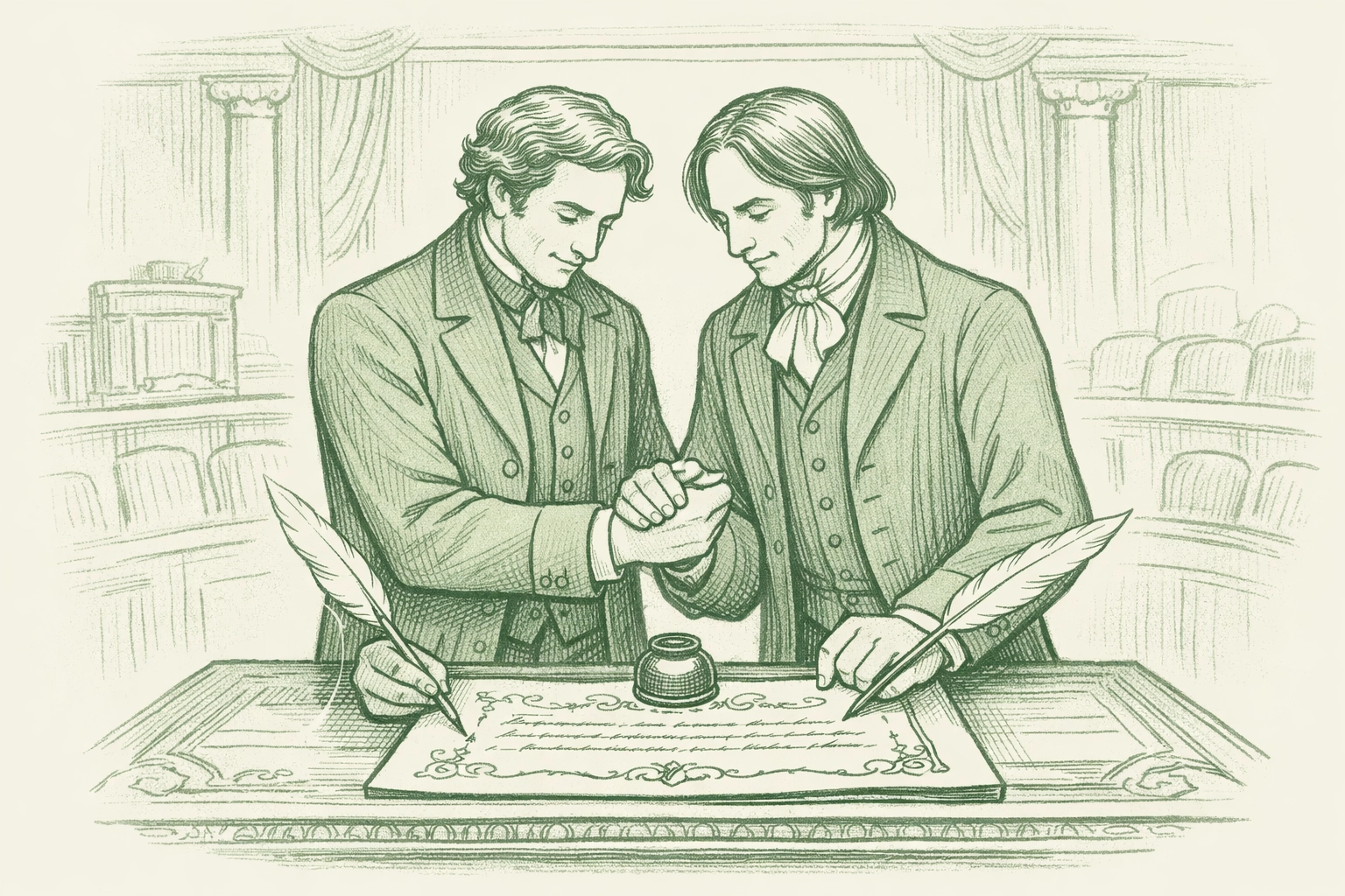 Two men in historical attire sign peace treaty granting civil rights in LGBTQ+ historical fantasy