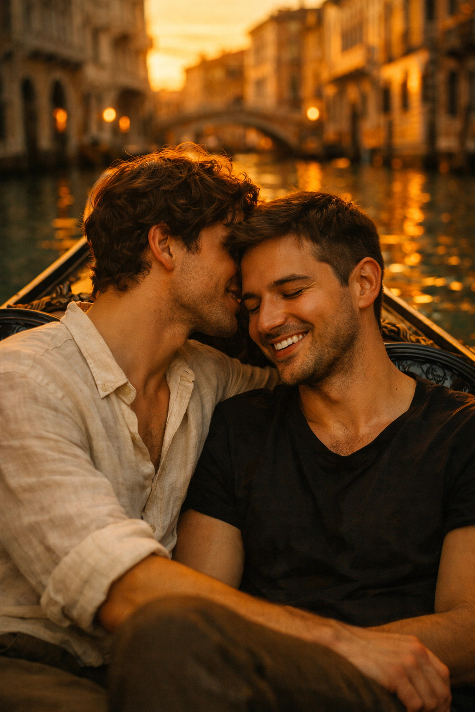 Two men sharing a romantic moment in a Venice gondola during golden hour, a scene from a gay love story.