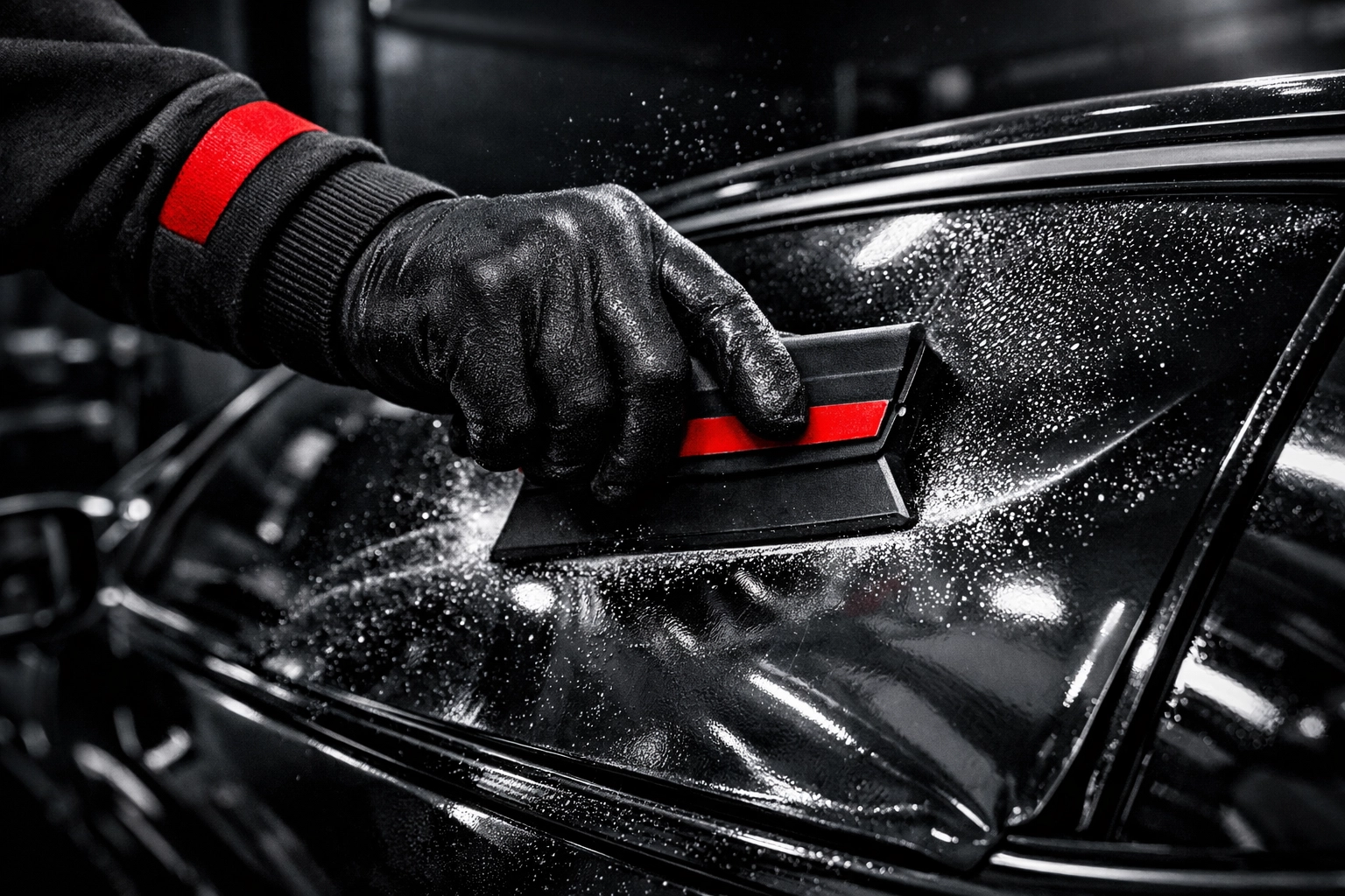 Professional technician precision-applying ceramic window tint film at Prochex automotive workshop.