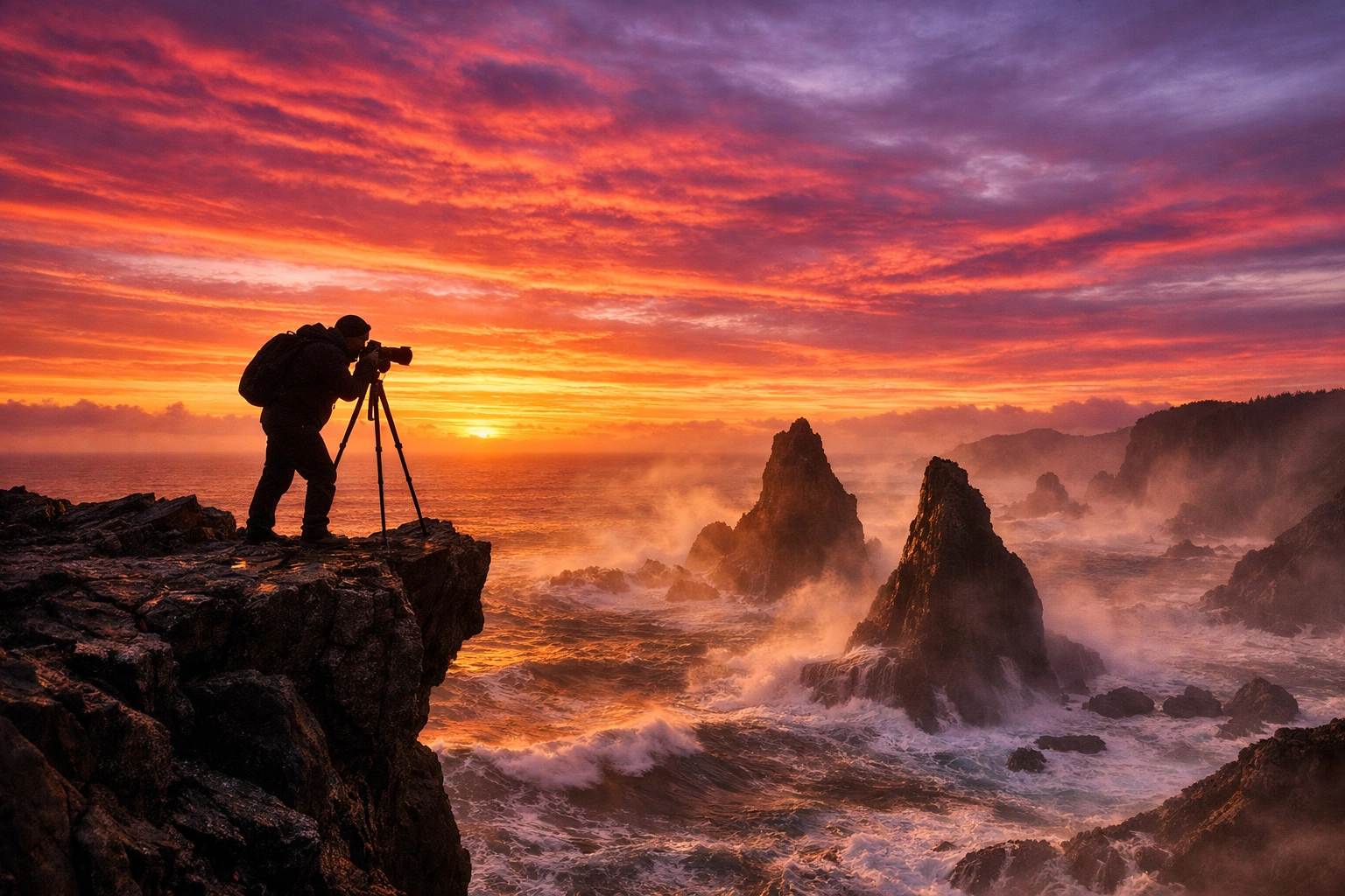 A landscape photographer capturing a dramatic sunrise over the ocean from a rocky cliffside at dawn.