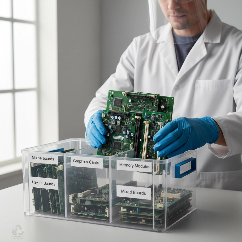 a technician organising different types of printed circuit boards