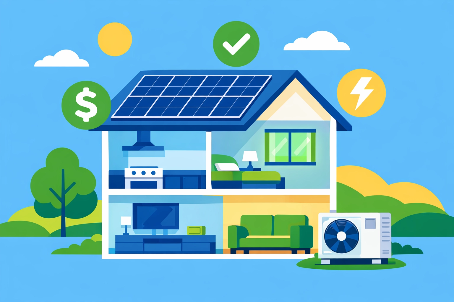 Home with solar panels and energy-efficient upgrades for tax credits