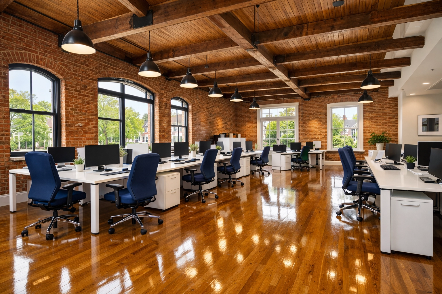 Sunlit modern office interior in Holliston, MA with polished floors and organized workstations.