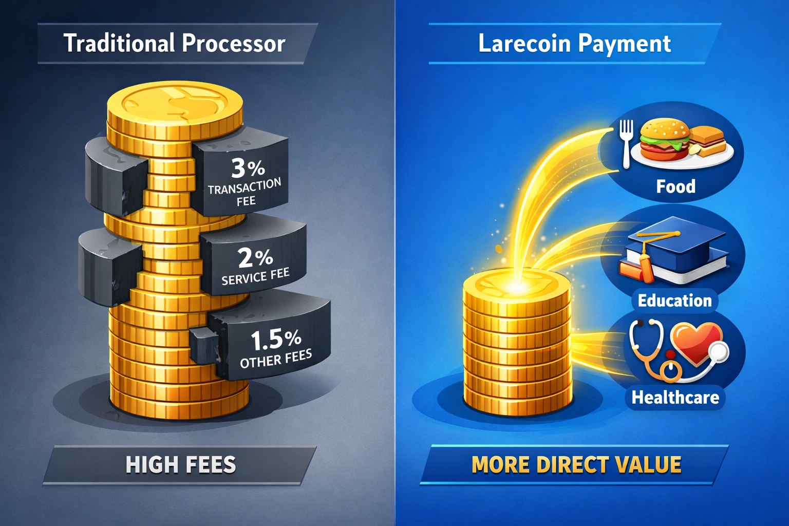Payment processor fee comparison showing Larecoin savings funding hunger relief programs