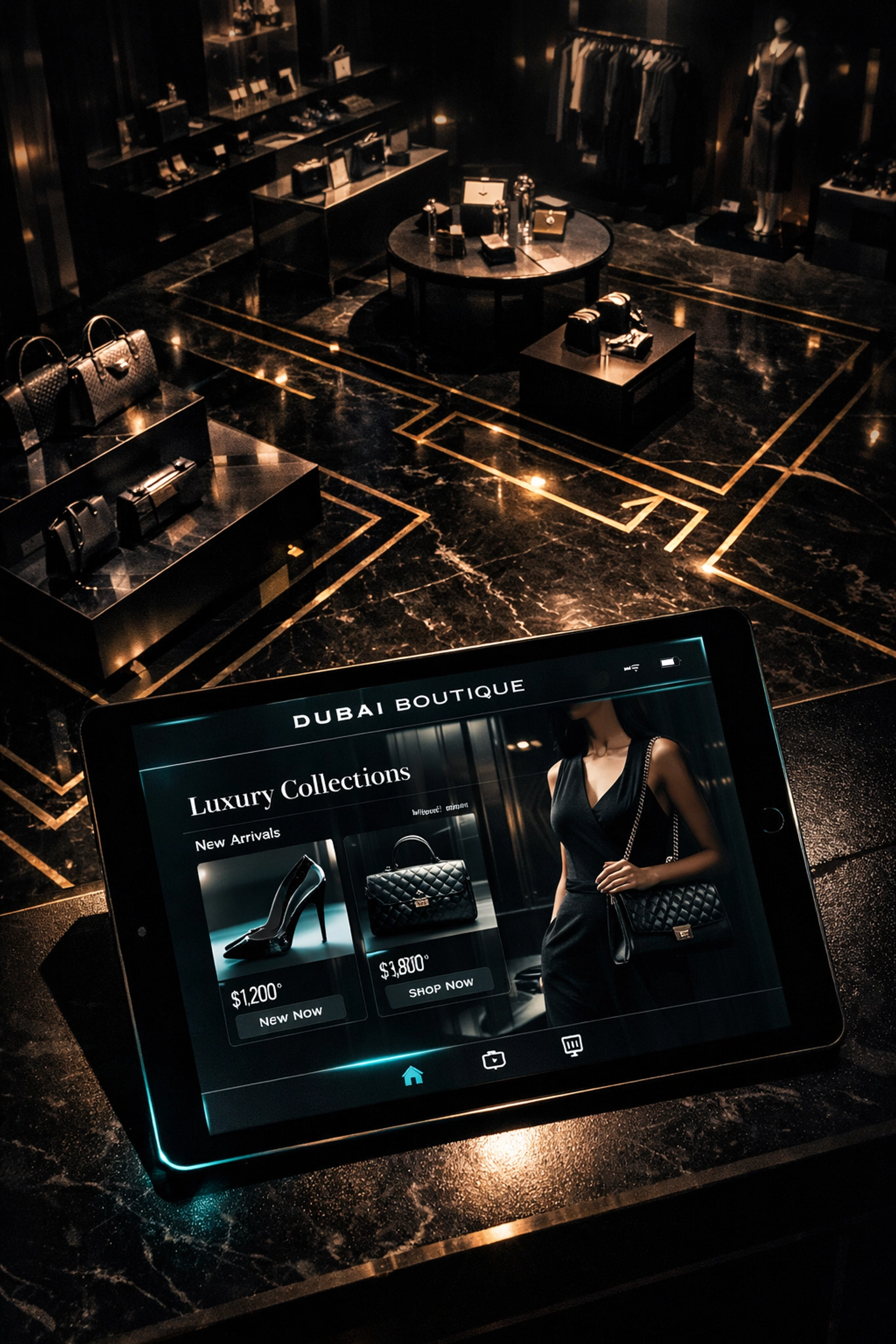 Dubai luxury boutique interior with custom UI/UX design services on tablet display