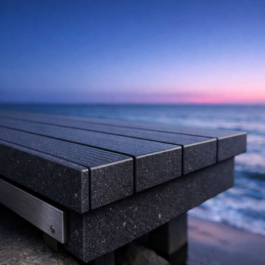 Modern coastal boardwalk corner built with 100% Australian recycled plastic construction materials for longevity.