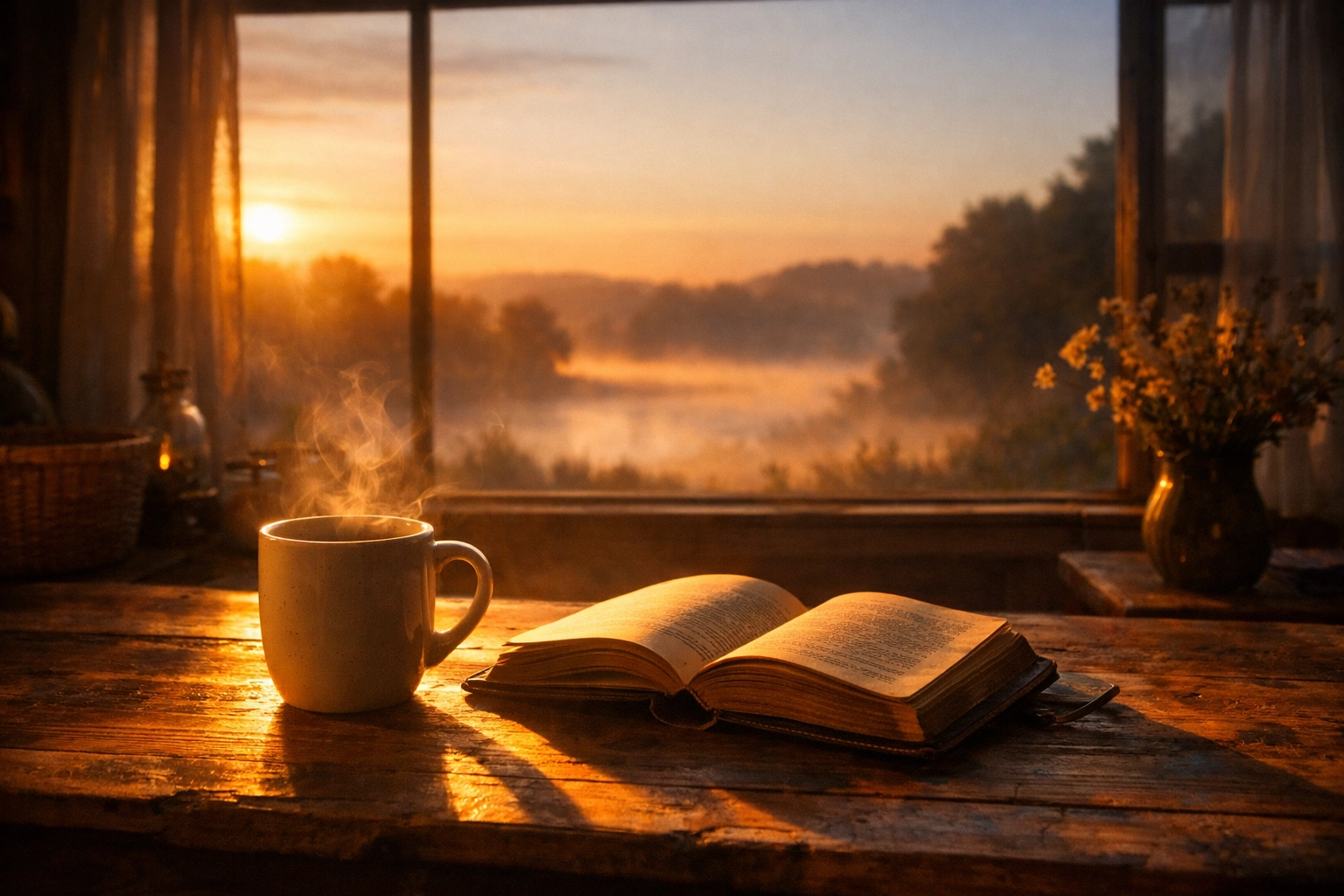 A peaceful morning breakfast setting with a book, symbolizing a calm start before checking news.