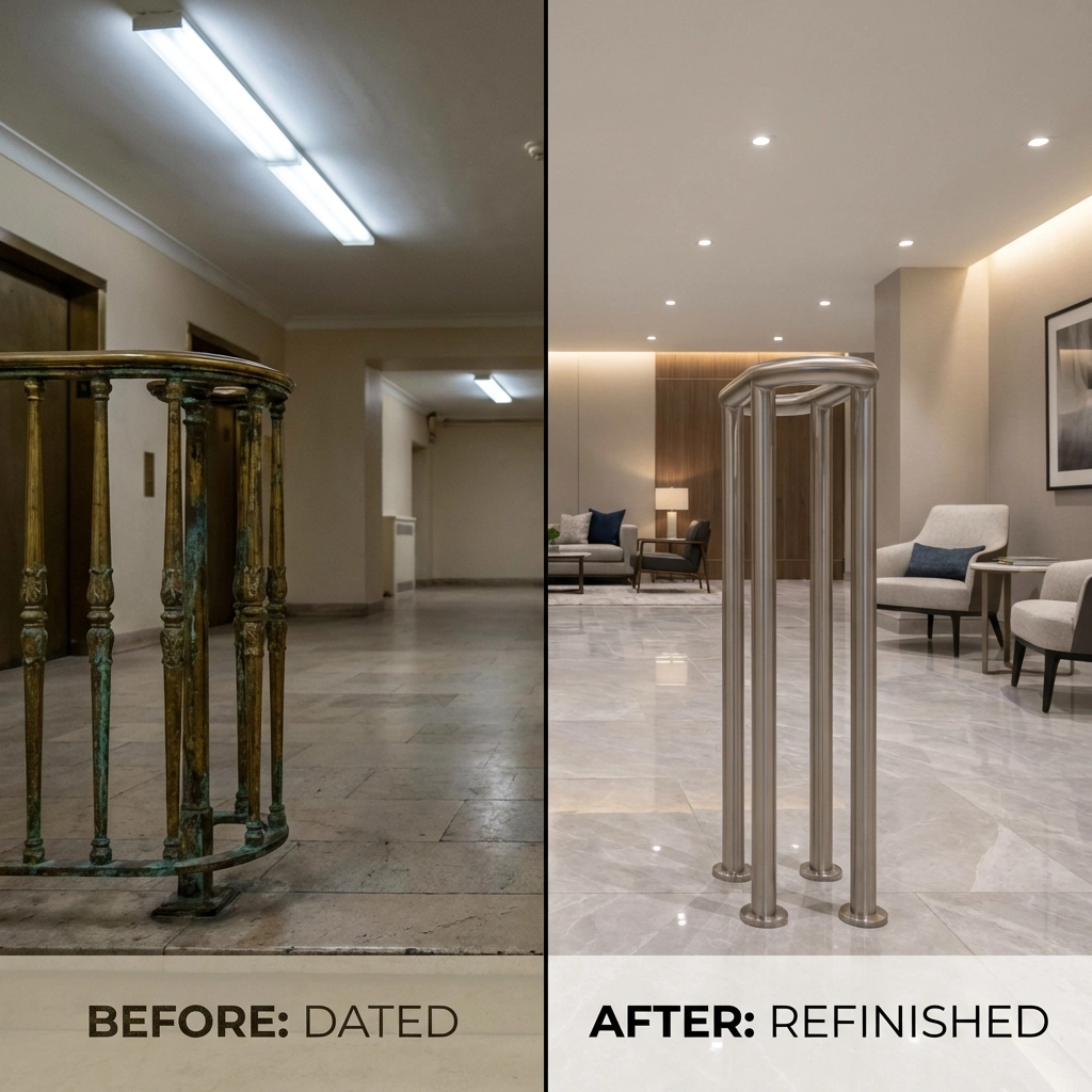 Before-and-after comparison of architectural metal railings, illustrating restoration from tarnished brass to modern brushed nickel