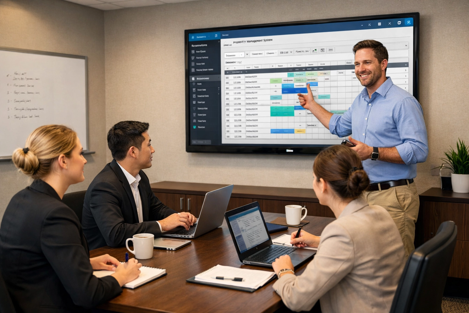 Hotel staff training session on property management system with IT specialist support