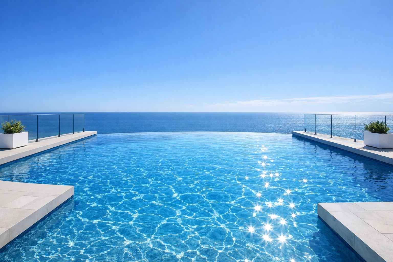 A luxury infinity pool under a clear blue sky, symbolizing success in the pool service business.