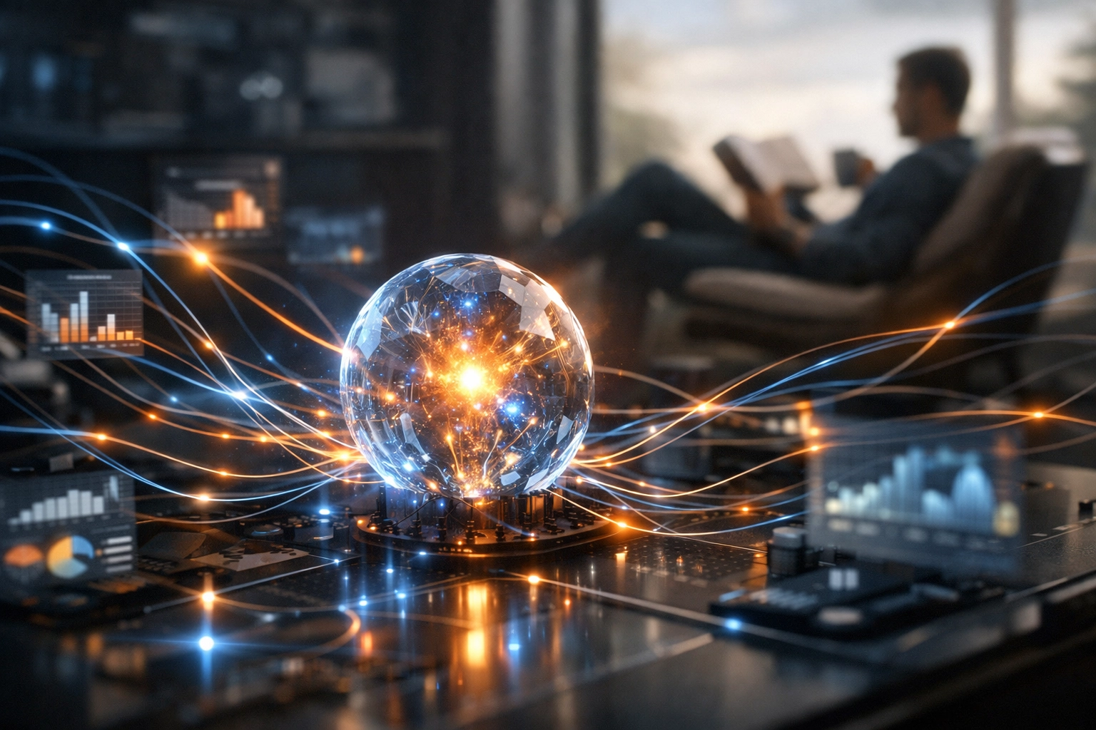 AI agents managing a financial portfolio while an investor relaxes, illustrating time wealth and automation.