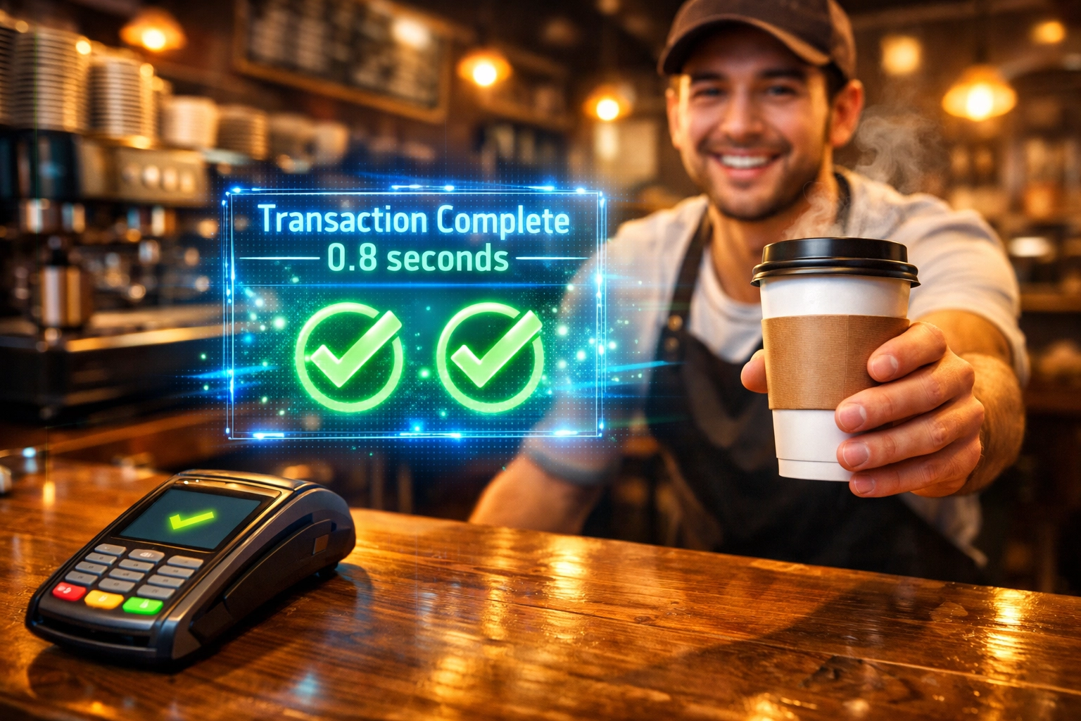 Fast crypto payment transaction at coffee shop POS terminal