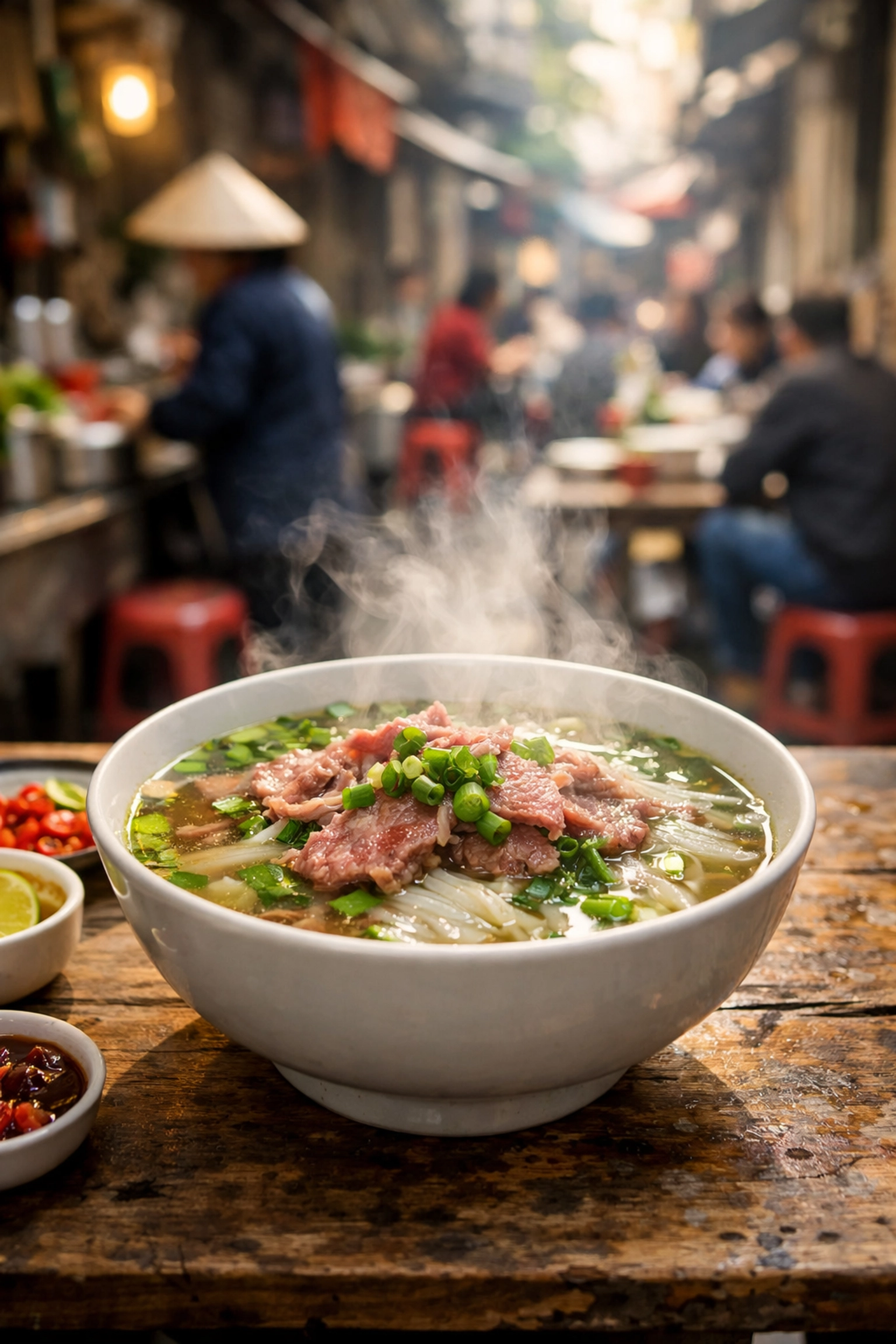 A steaming bowl of beef pho at a traditional Hanoi street food stall in a narrow alley.