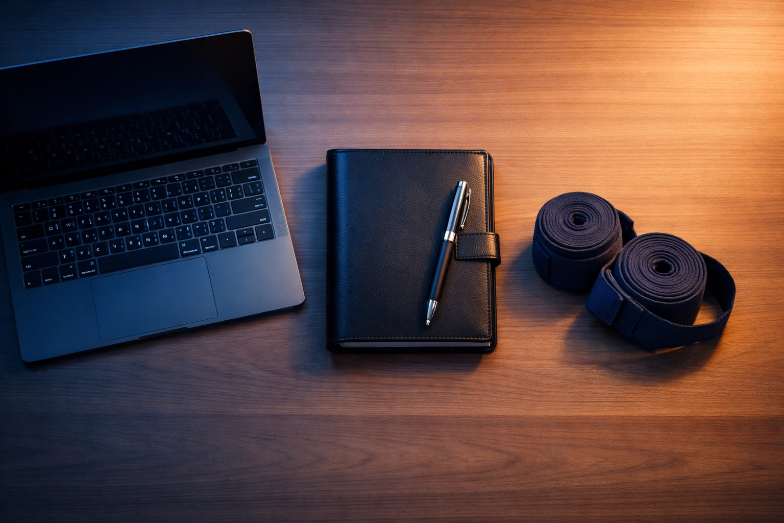 Fitness coach workspace with laptop and boxing hand wraps for planning Boxercise classes and business growth.
