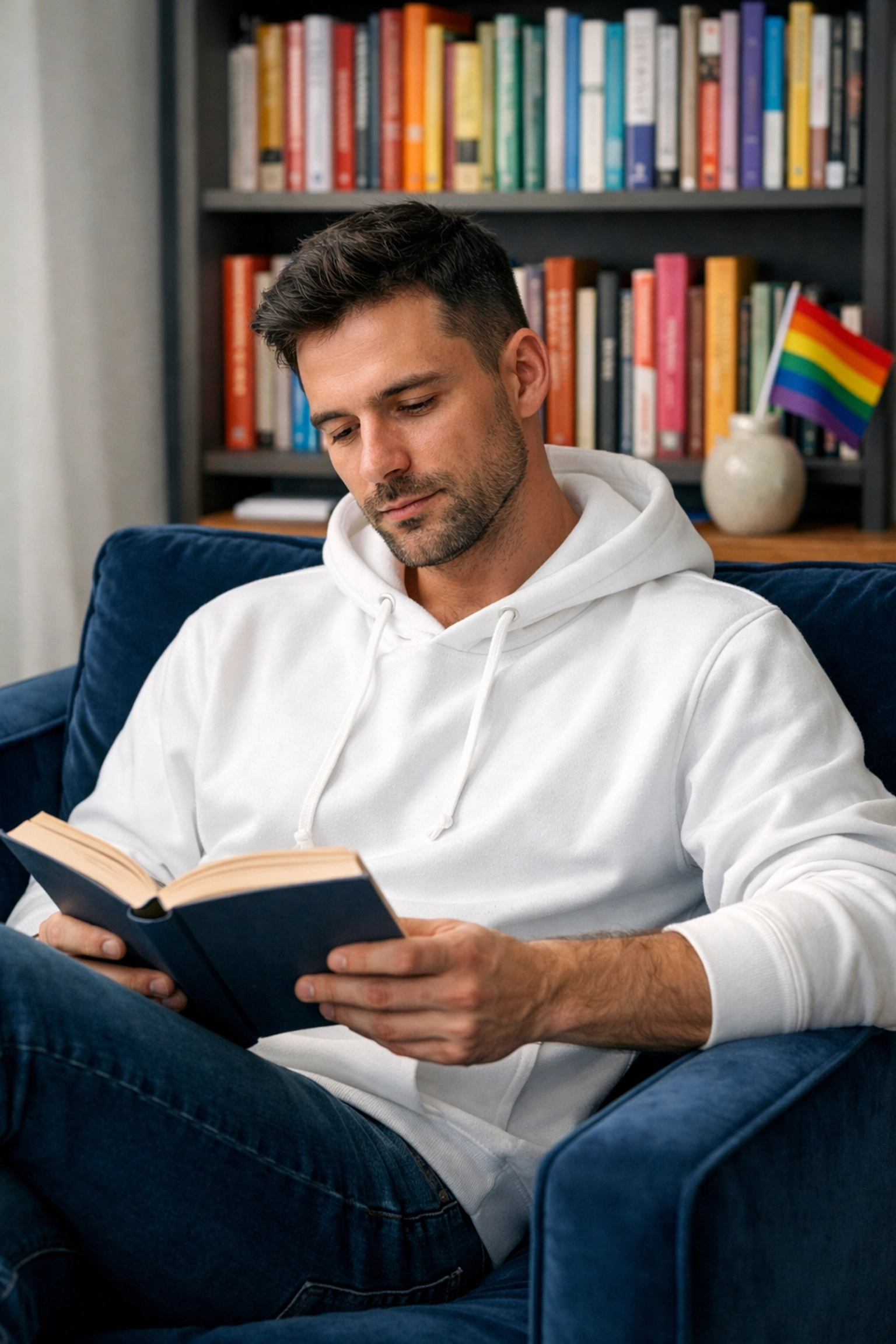 A man reading a gay romance novel at home, connecting queer history to modern LGBTQ literature.