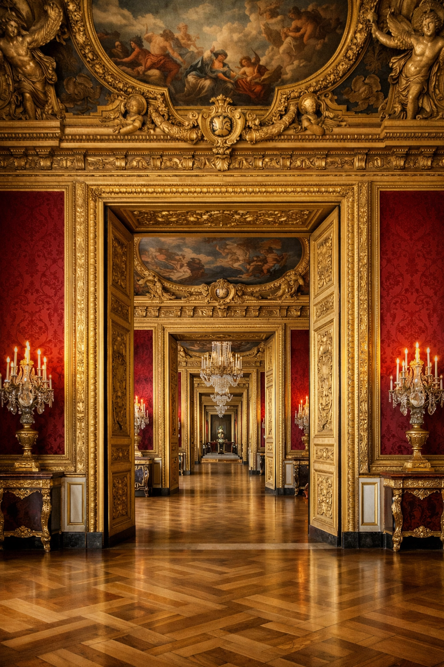 Symmetrical golden doorways in the Royal Apartments, a top photo spot for palace interior details.