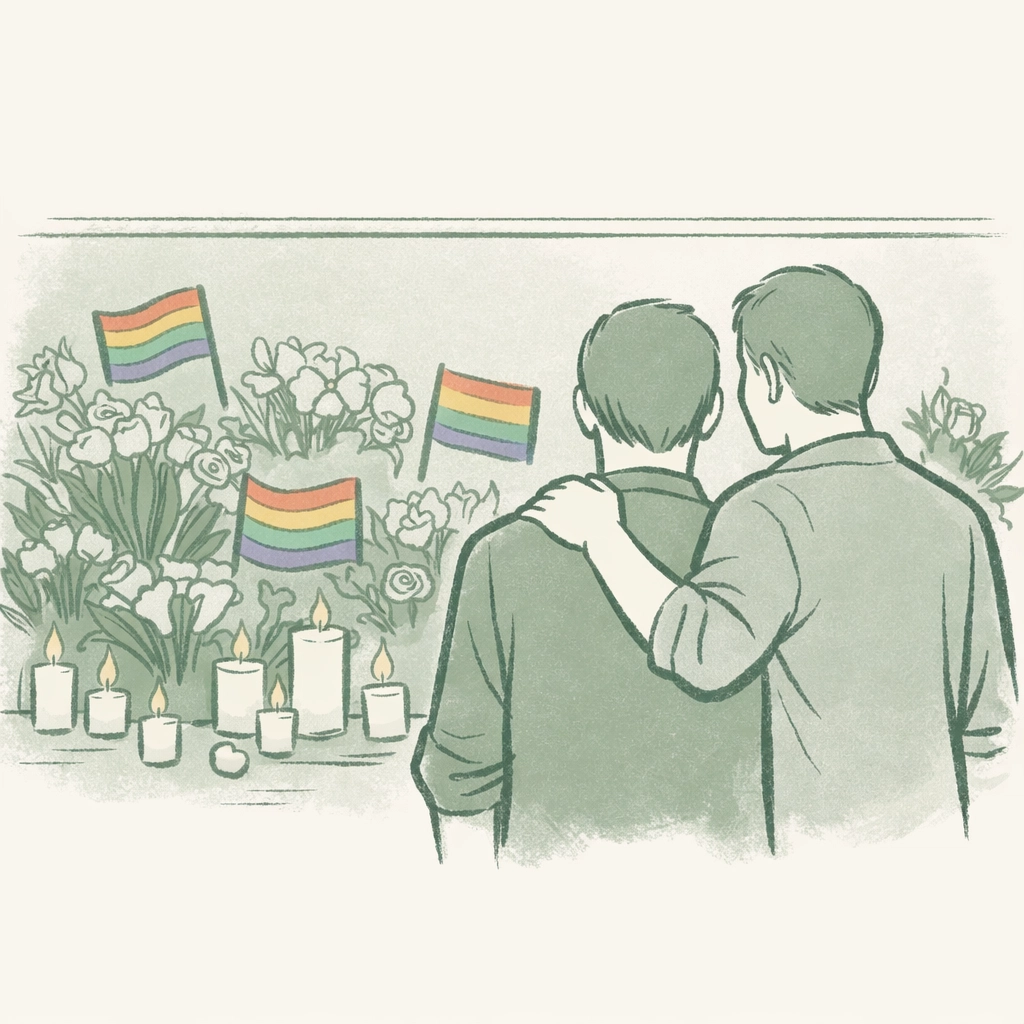 LGBTQ+ couple at Pulse memorial wall with flowers and rainbow flags honoring Orlando shooting victims