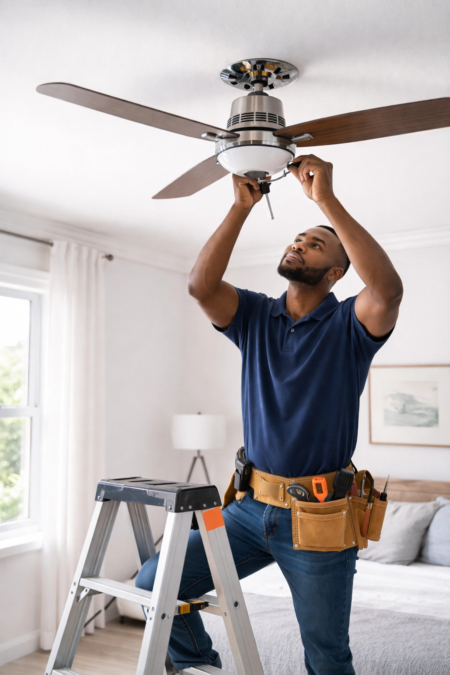 Professional African American electrician installing a ceiling fan in a bright Atlanta bedroom for safe heating savings