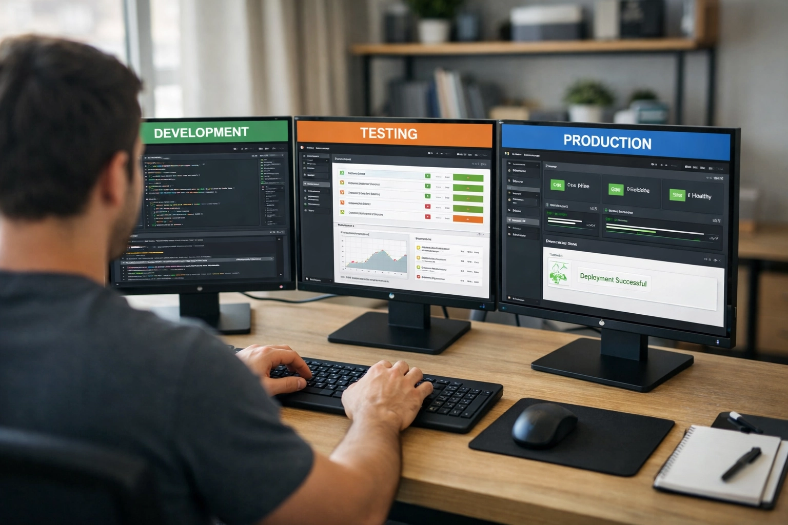 ServiceNow development pipeline showing test and production deployment environments