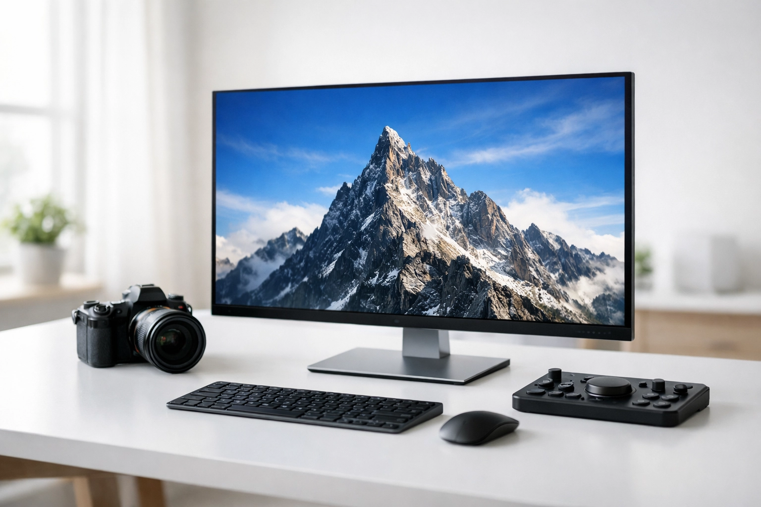 Modern photo editing desk with monitor and camera gear, highlighting a fast Luminar Neo workflow