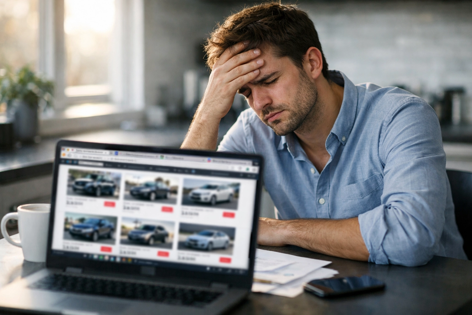 Frustrated car shopper overwhelmed by traditional car shopping apps with multiple browser tabs open