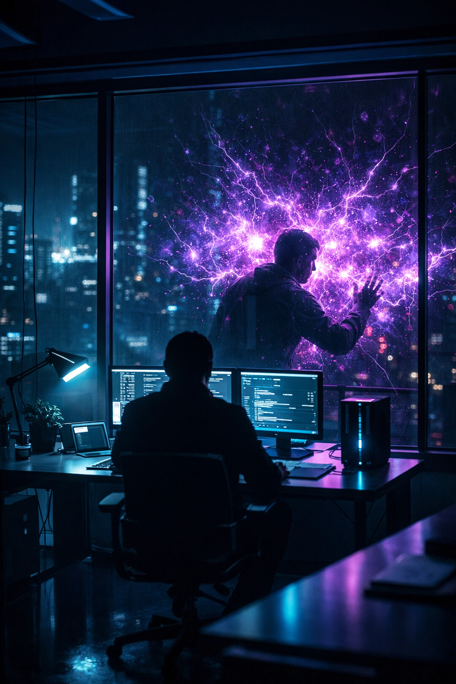 Shadow AI im Unternehmen: Silhouette eines Mitarbeiters vor einer unbefugten KI-Datenwolke.