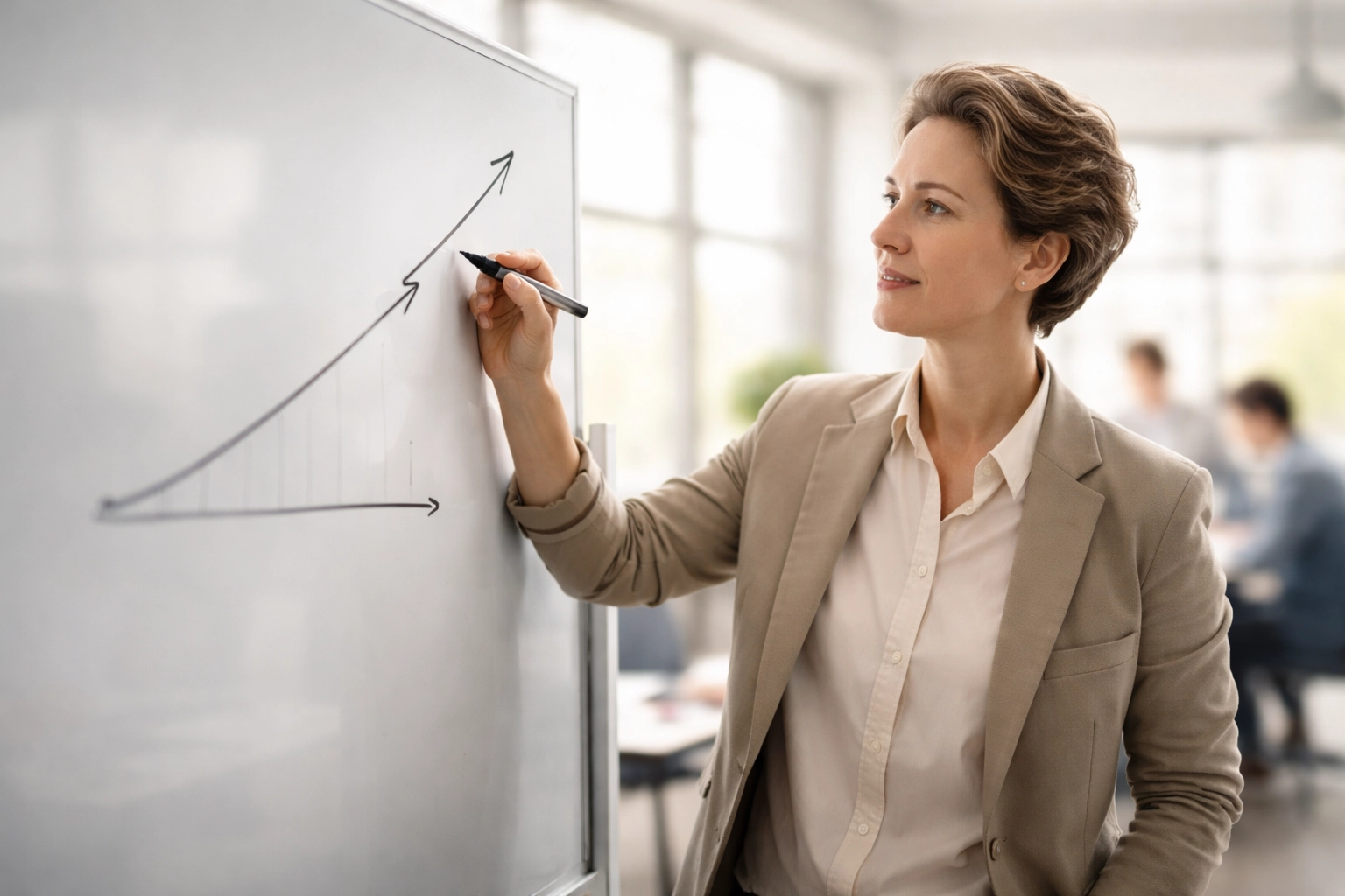 Business owner illustrates financial growth strategy on whiteboard, emphasizing cash flow forecasting.