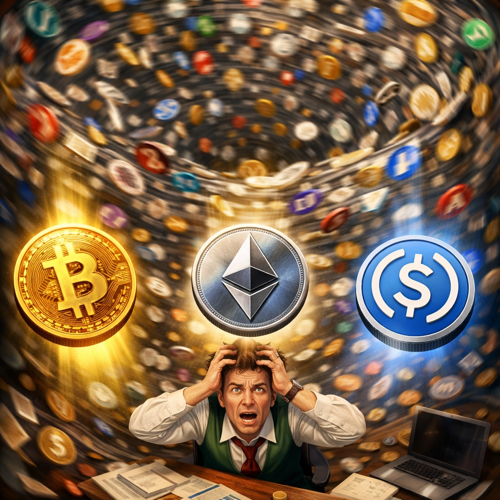Merchant overwhelmed by hundreds of altcoins while Bitcoin Ethereum and stablecoin stand out