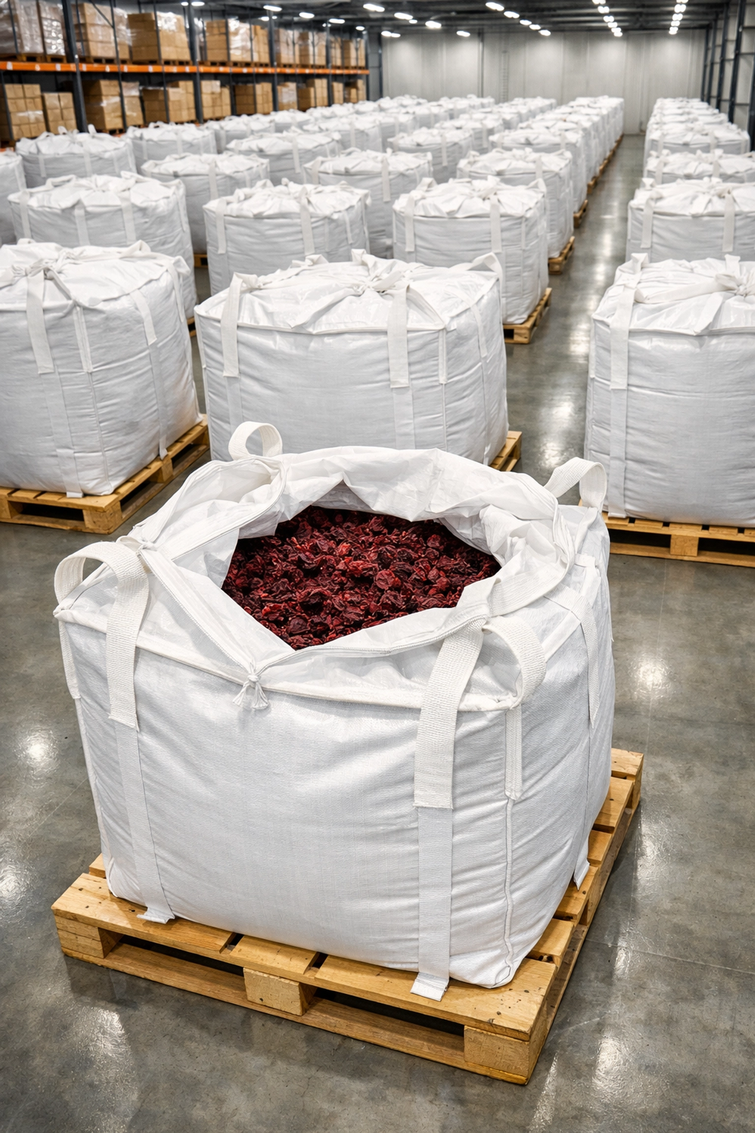 Bulk bags of dried hibiscus leaves packed on pallets in a modern warehouse for international export.