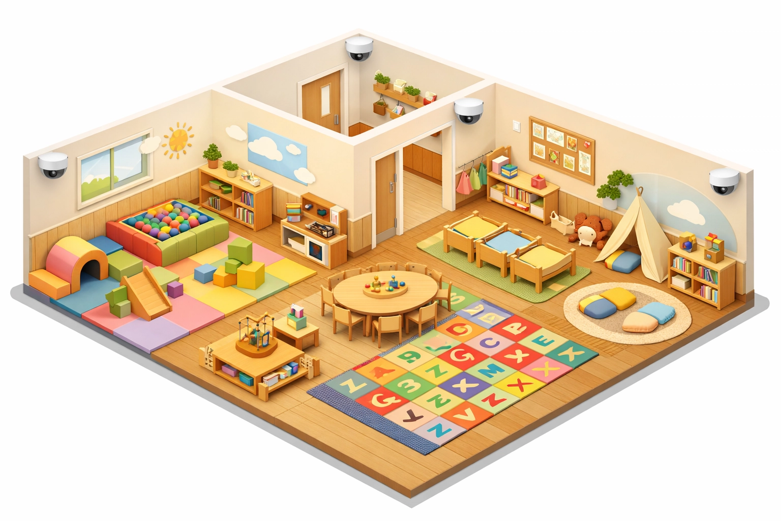 Isometric illustration of a modern nursery interior showing discreet CCTV camera placement.