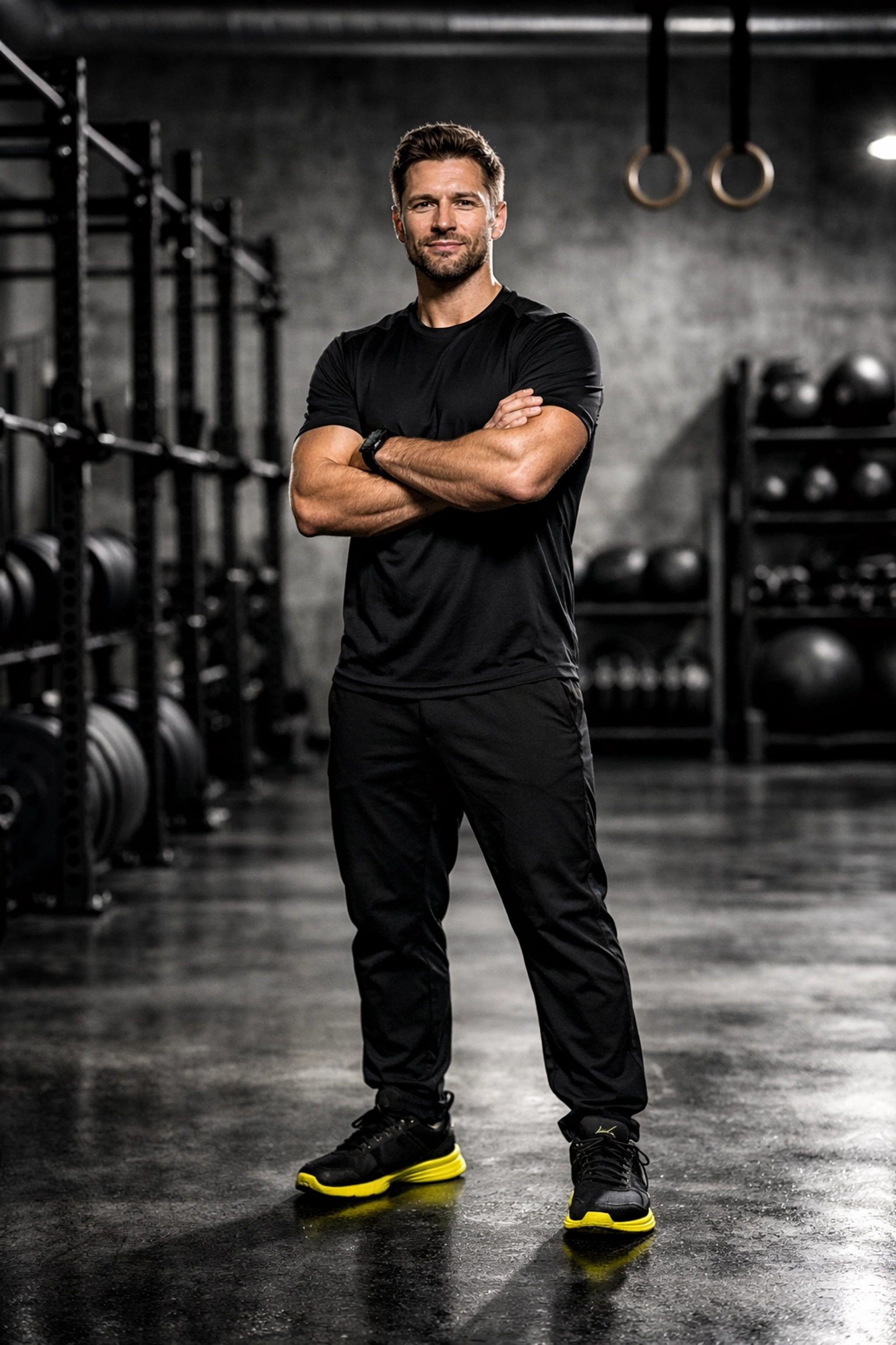 A professional gym owner in a boutique fitness studio, demonstrating a successful marketing system.