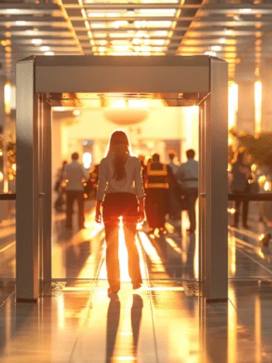 In einer modernen Lobby wird die Zugangskontrolle durch Personal und Technik gleichermaßen sichergestellt, was für Besucher ein Gefühl der Professionalität und Sicherheit erzeugt.