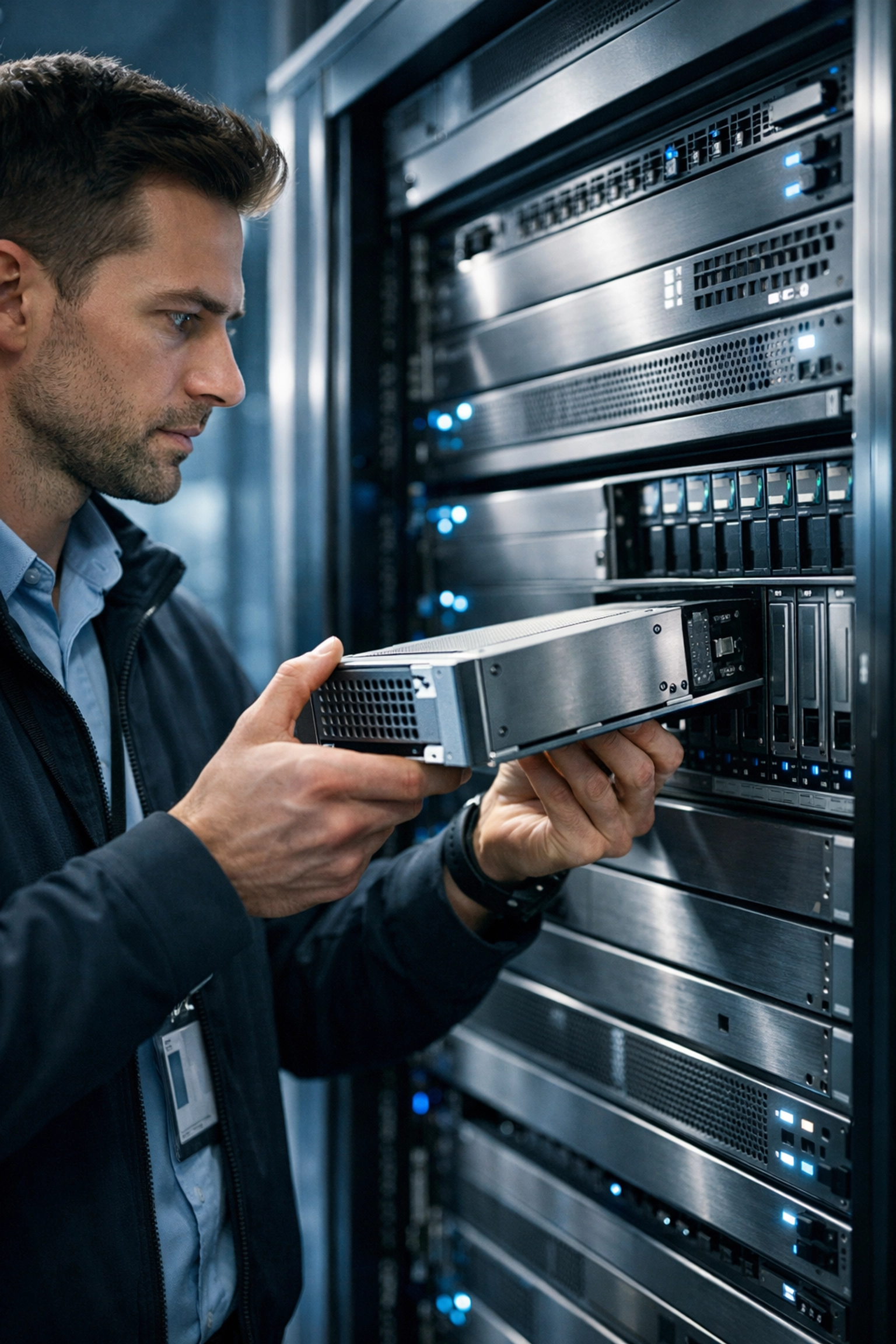 Professional data center technician removing a hard drive for secure IT asset disposal and data sanitization.