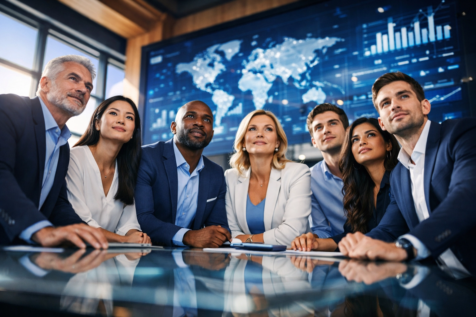 Executives and tech specialists collaborating on workforce scaling strategies in a modern innovation center.