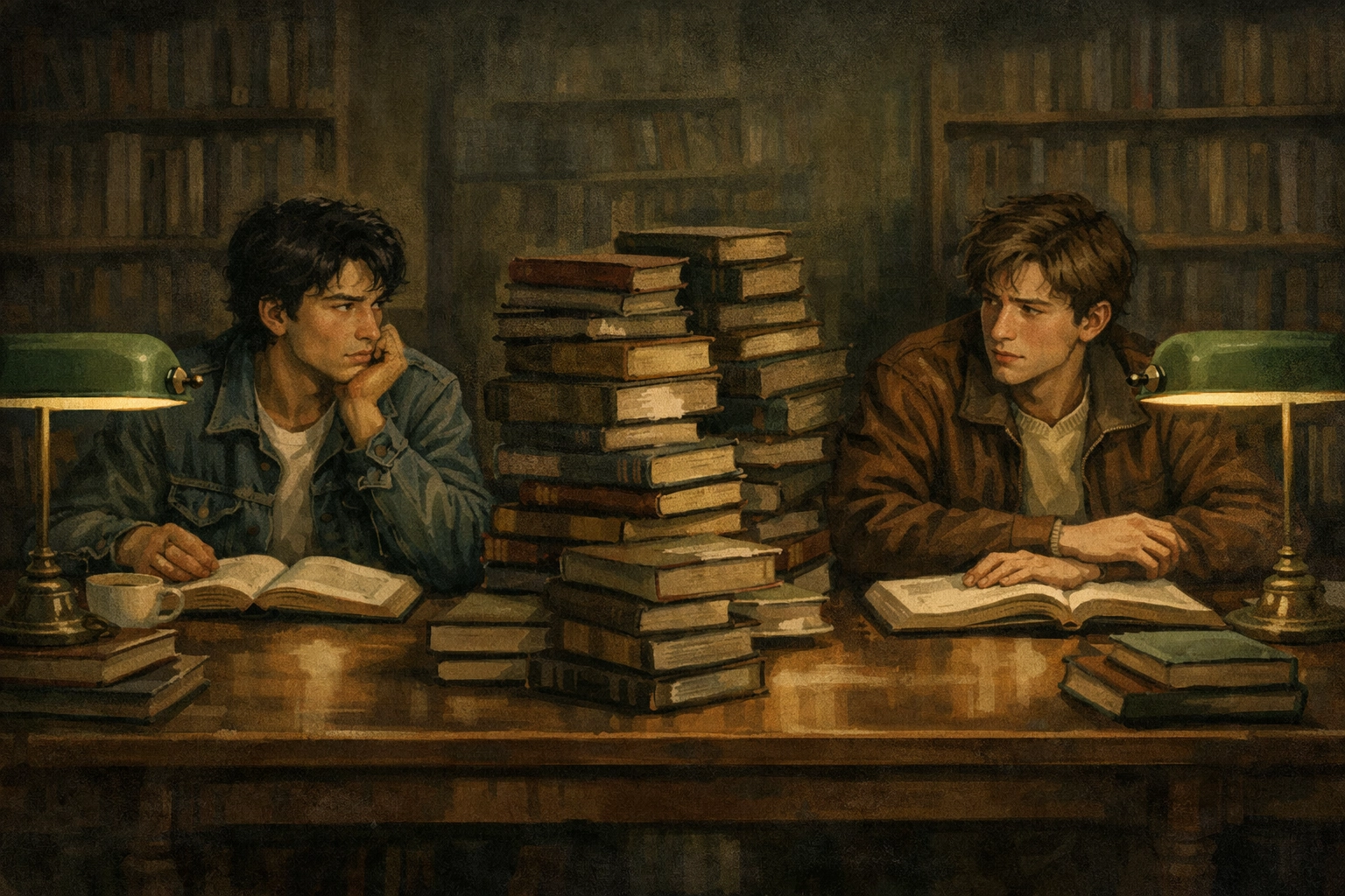 Two gay men stealing glances in Romanian university library under communist surveillance 1980s