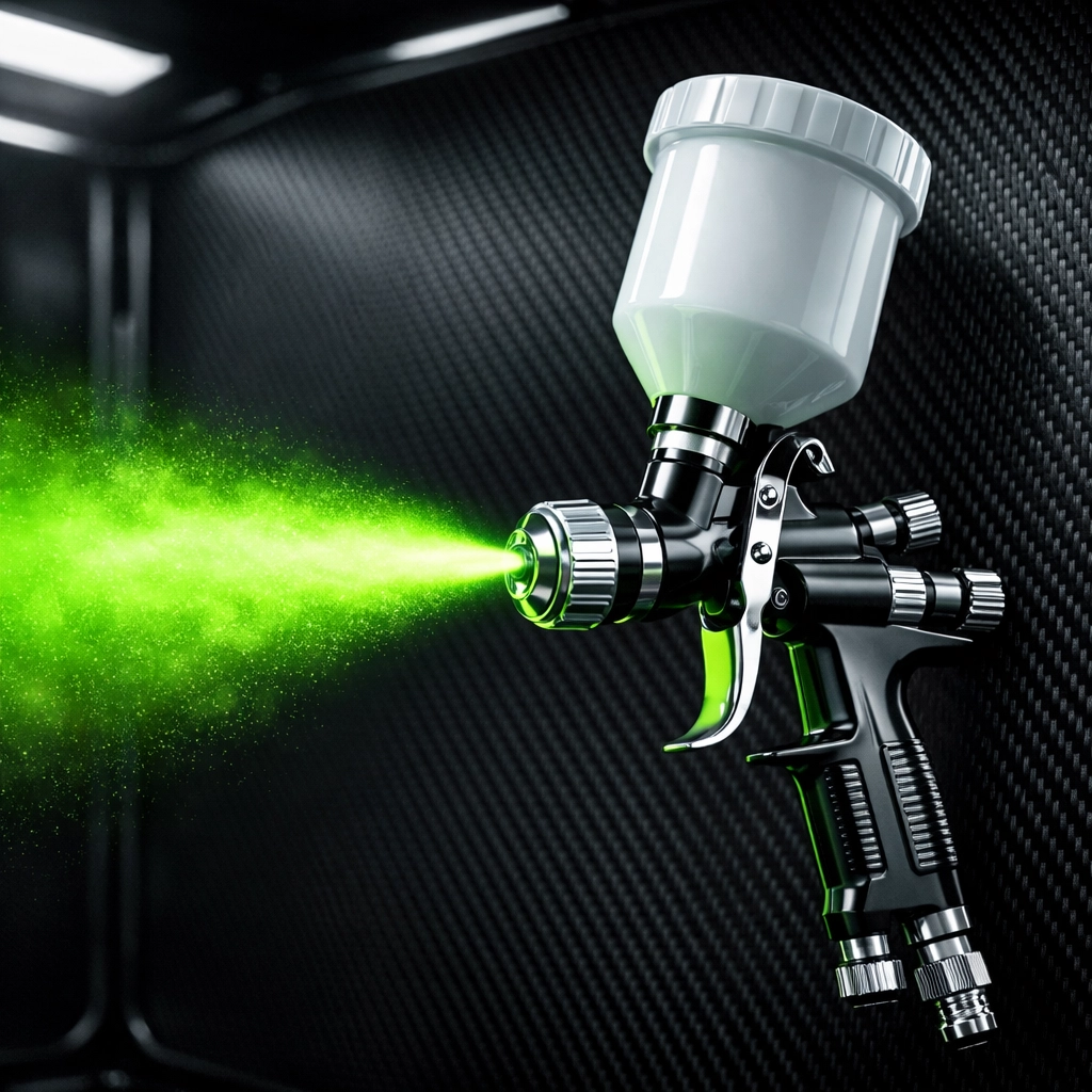 Professional paint spray gun in a high-tech Miami auto body shop refinishing booth.