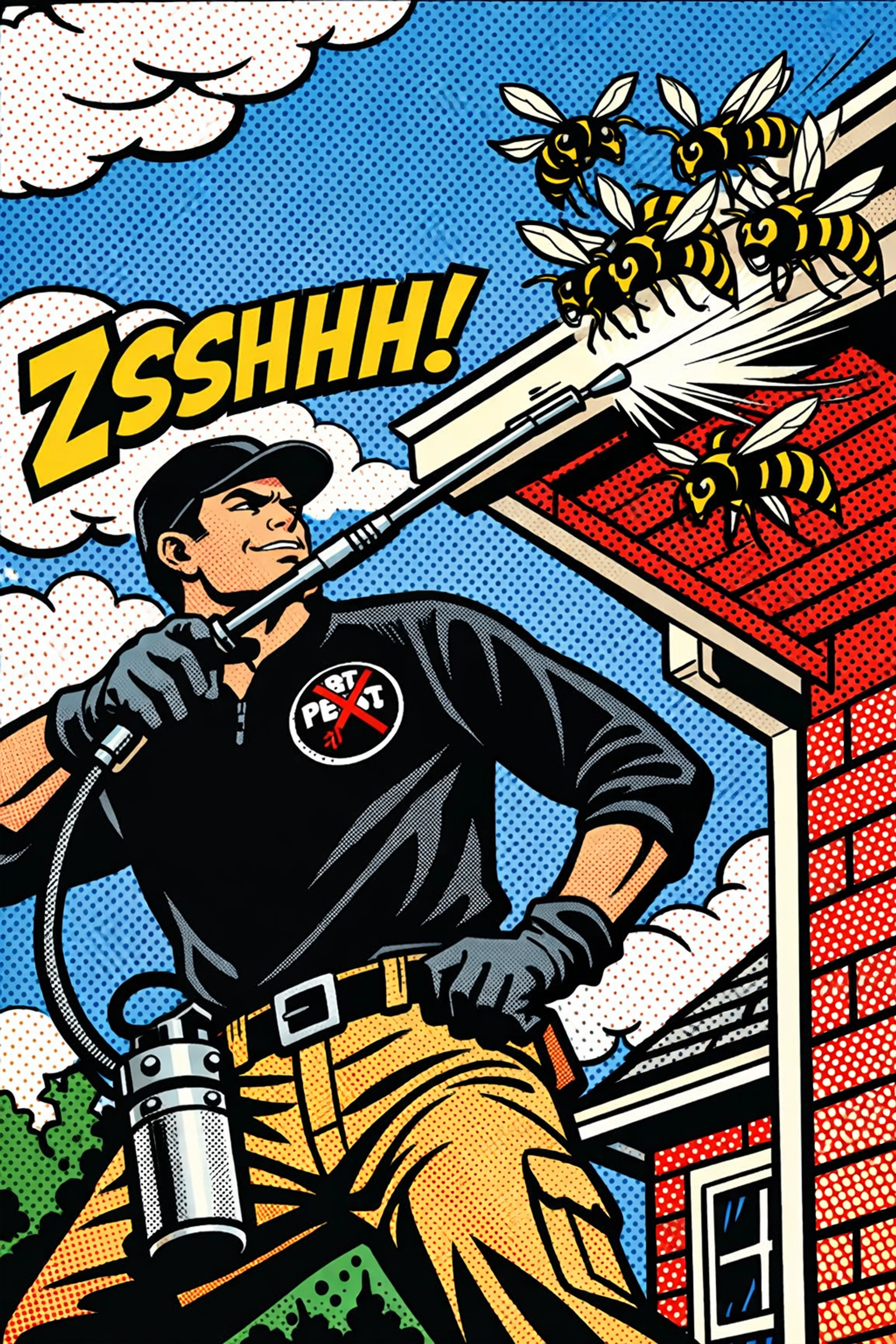 Pest X technician spraying home eaves for professional hornet removal Alabama.