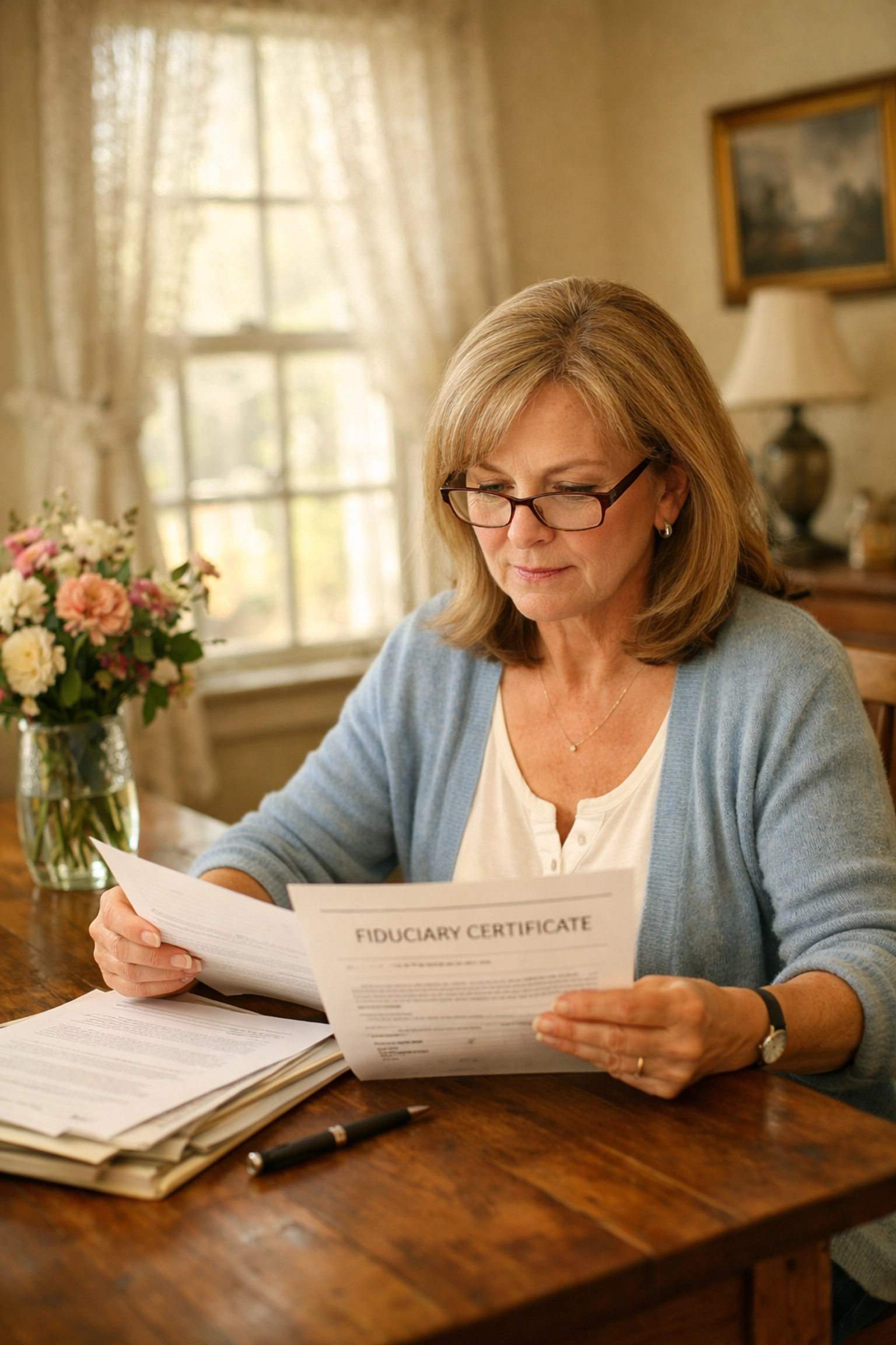 Connecticut probate administrator reviewing estate documents and fiduciary certificate at home Connecticut probate administrator reviewing estate documents and fiduciary certificate at home