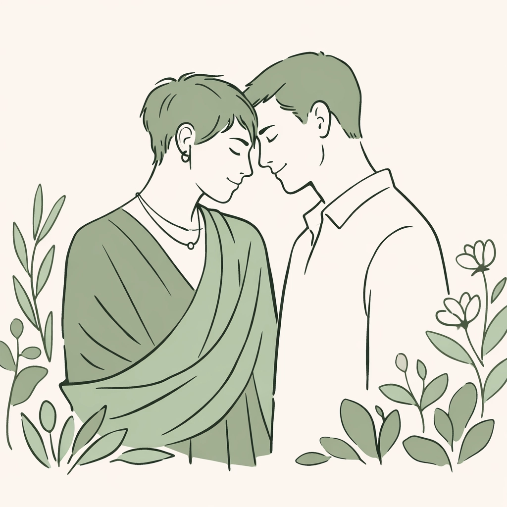 Minimalist drawing of a man and non-binary person sharing an intimate moment in a garden, celebrating non-binary joy.