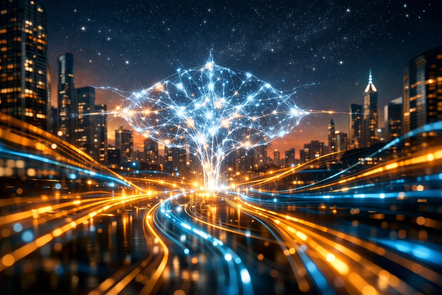 Digital neural network over a global city representing the Larecoin AI-powered payment ecosystem.