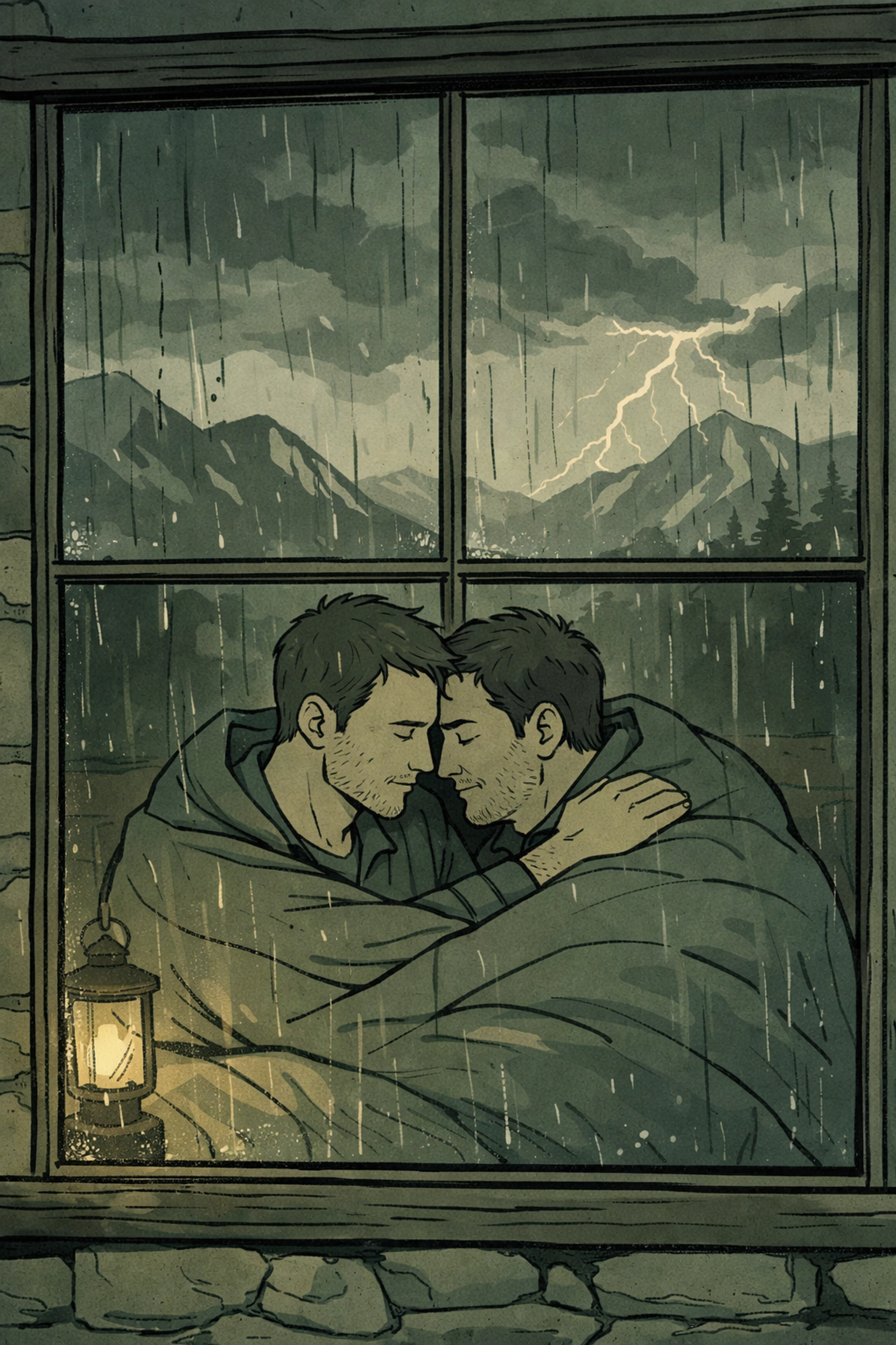 Two men seek shelter together in mountain cabin during storm - MM romance survival intimacy