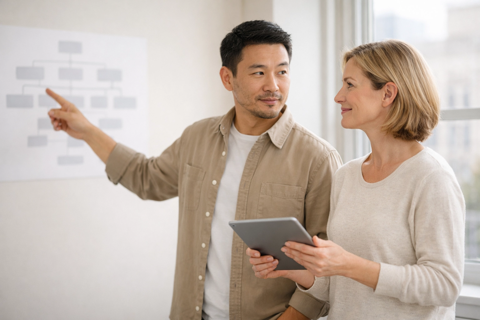 Running a business with your spouse: a proactive business couple collaborating in a minimalist office to establish clear roles and decision-making.