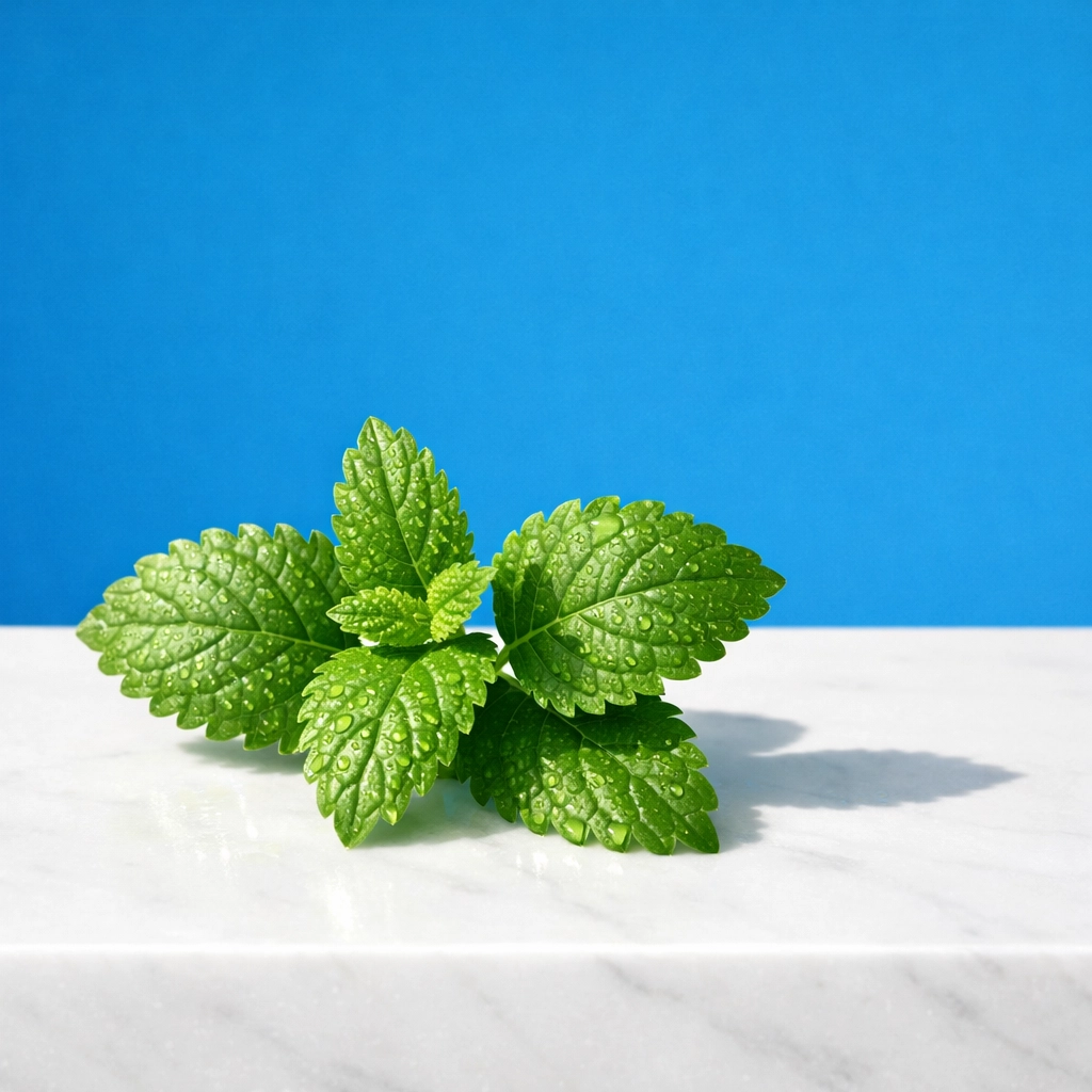 Fresh lemon balm leaves on a white stone, a popular herbal remedy for daytime anxiety and stress.