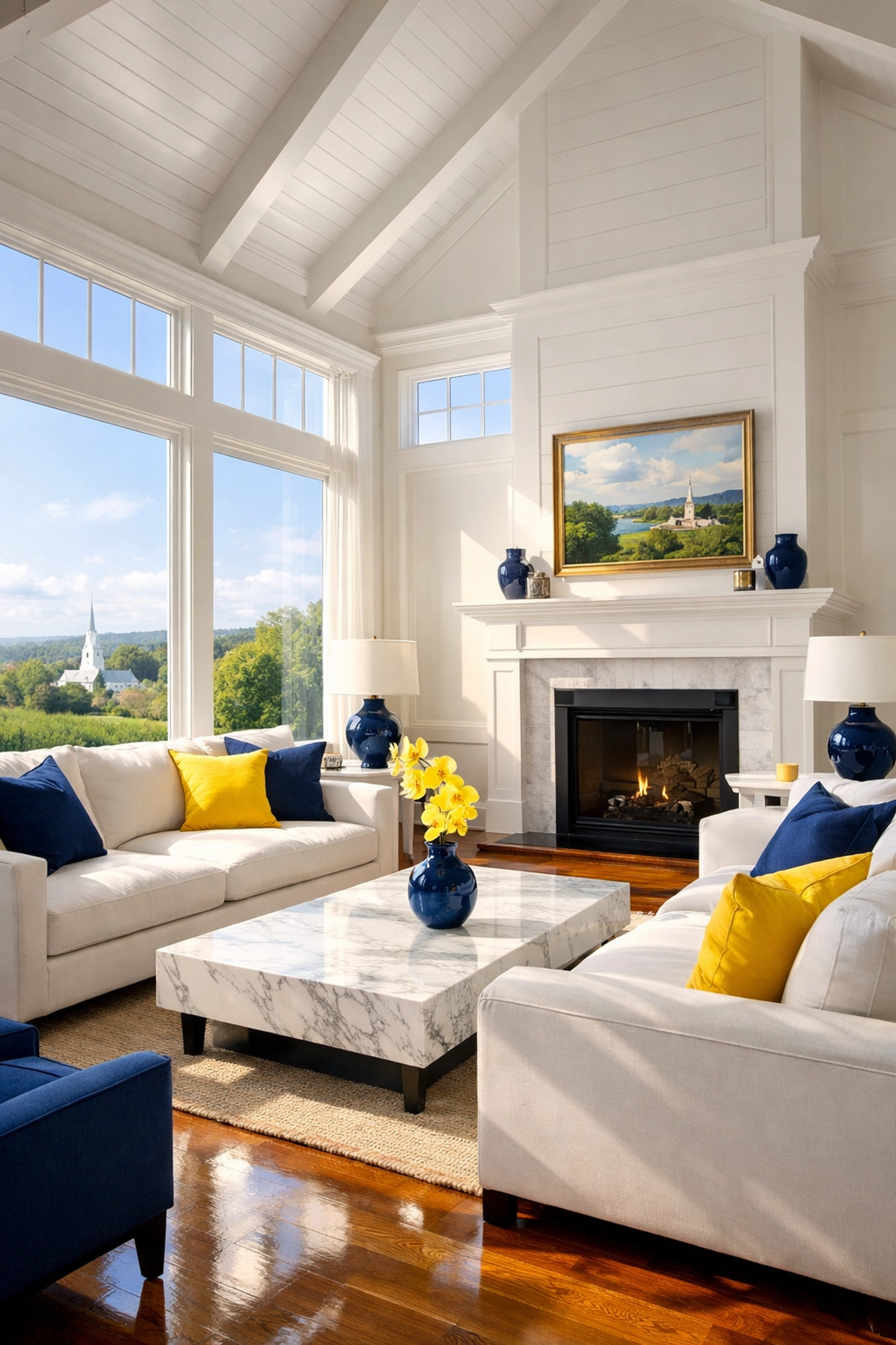 Sun-drenched luxury living room in Sudbury MA after a professional deep cleaning reset.